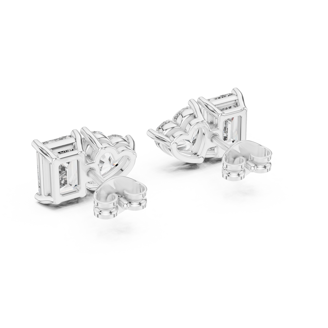 Heart & Emerald Cut Diamond Stud Earrings