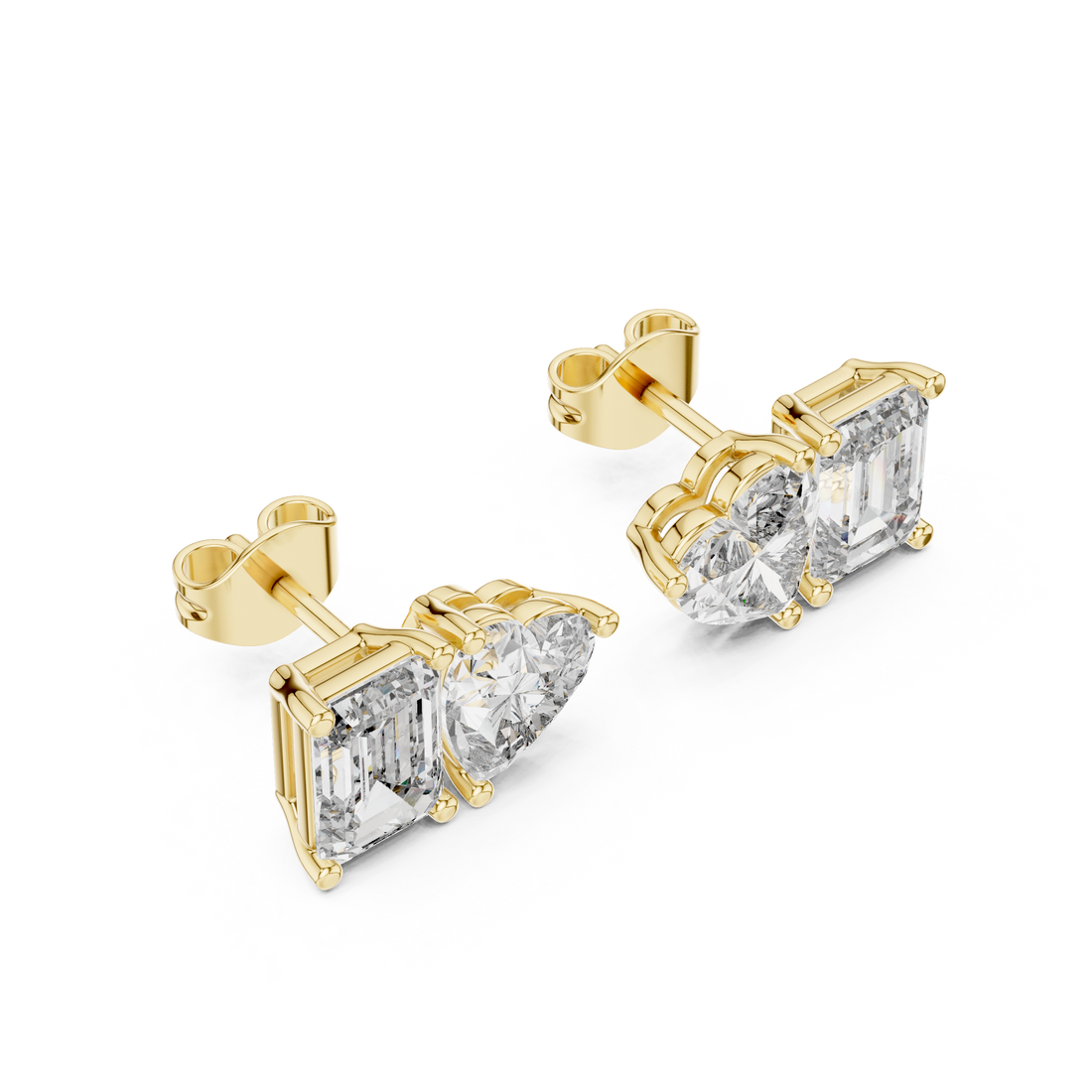 Heart & Emerald Cut Diamond Stud Earrings