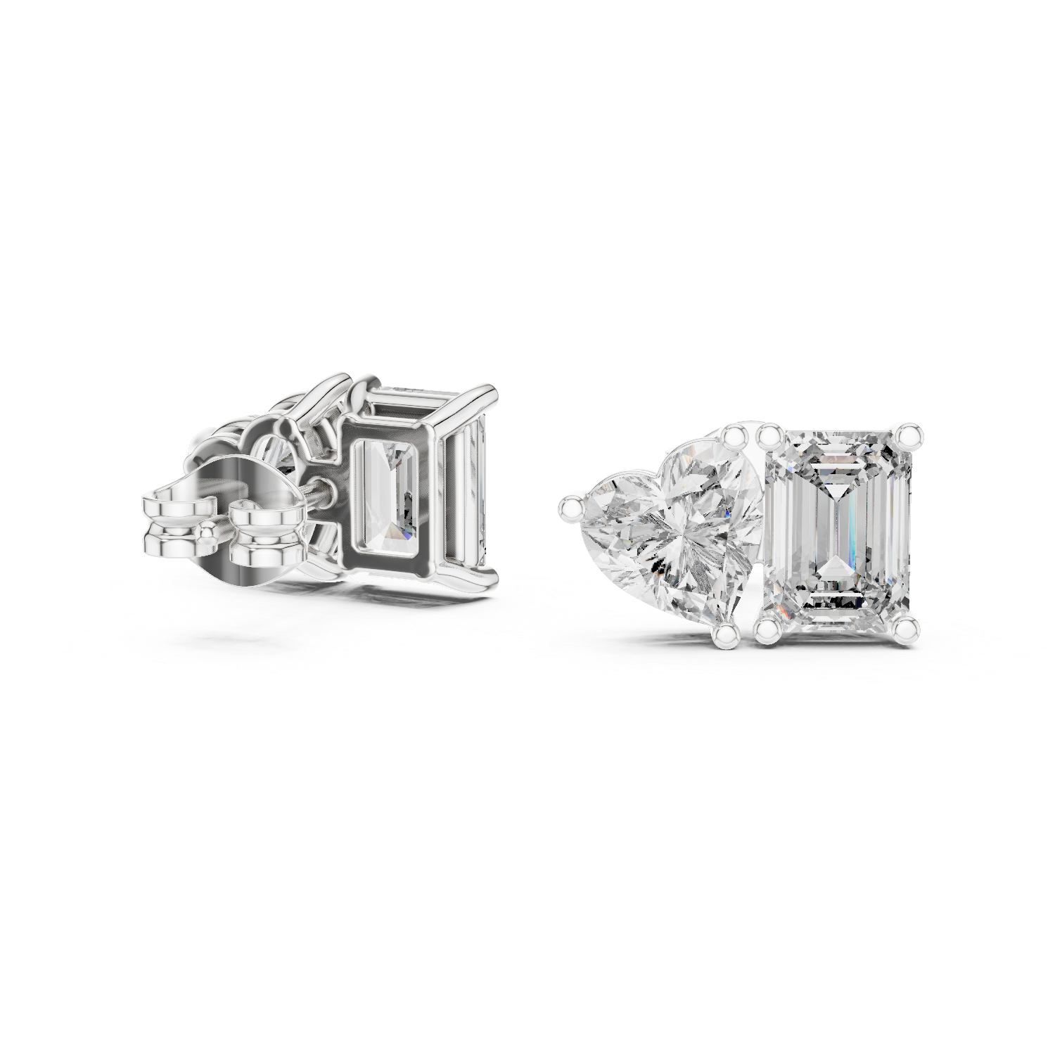 Heart & Emerald Cut Diamond Stud Earrings