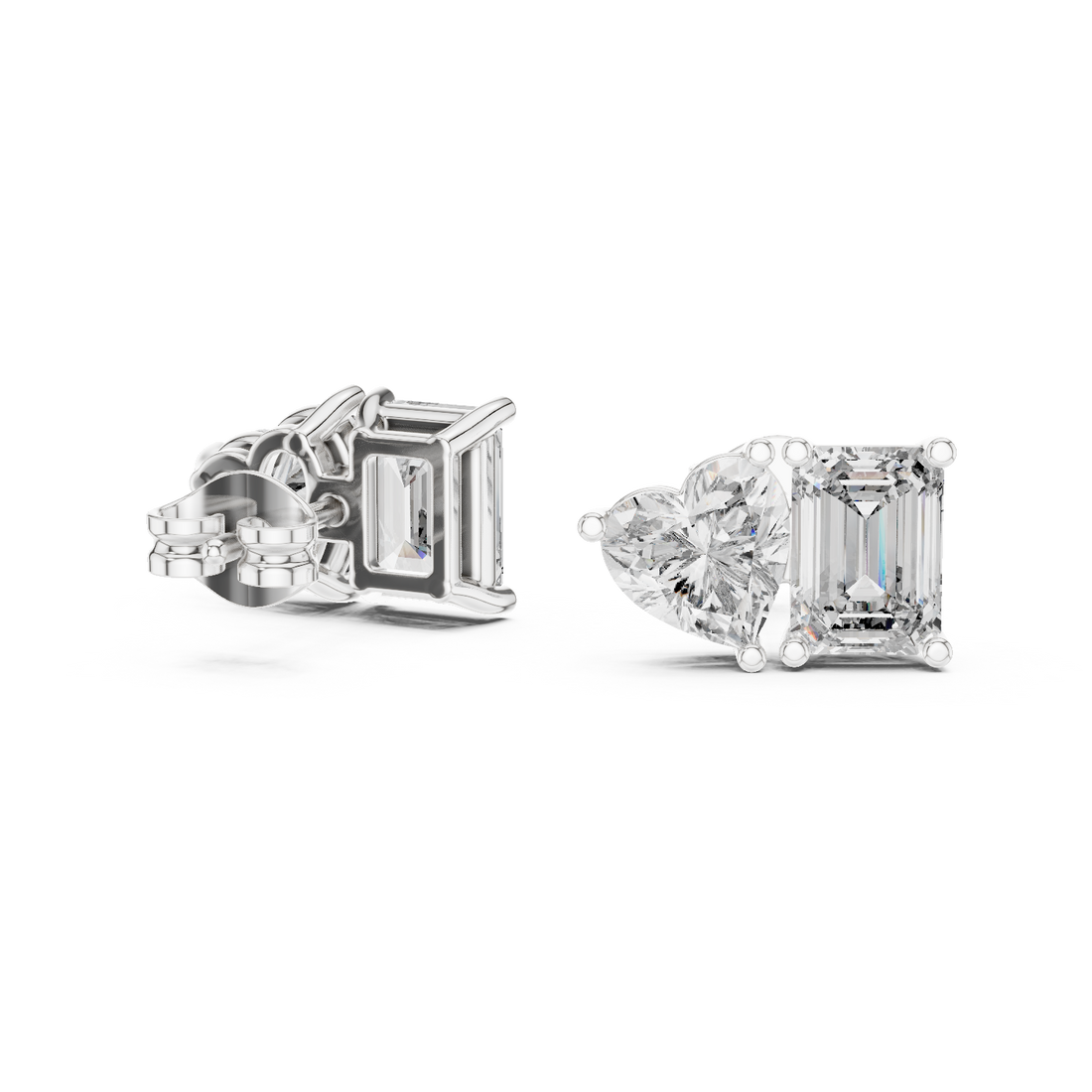 Heart & Emerald Cut Diamond Stud Earrings