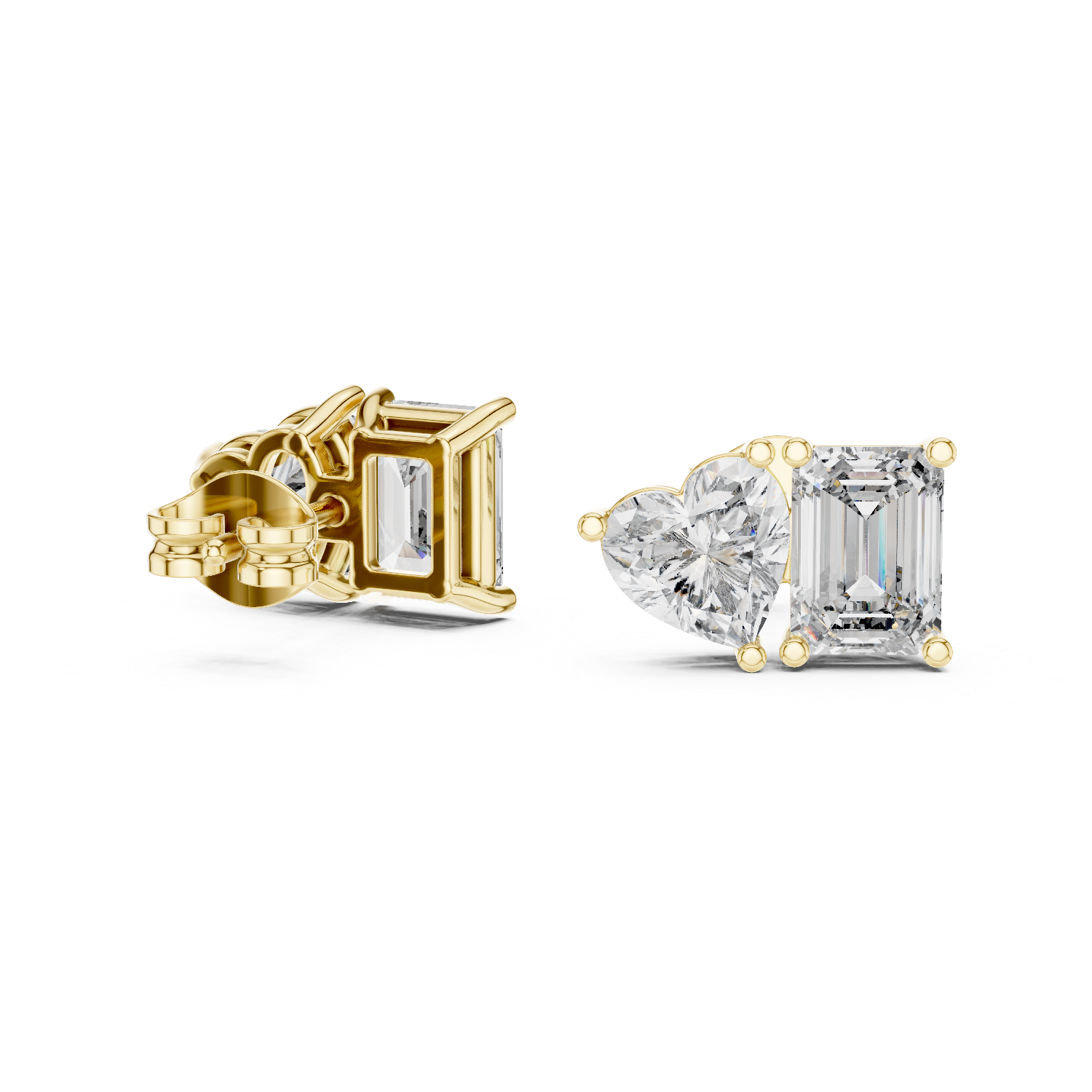 Heart & Emerald Cut Diamond Stud Earrings