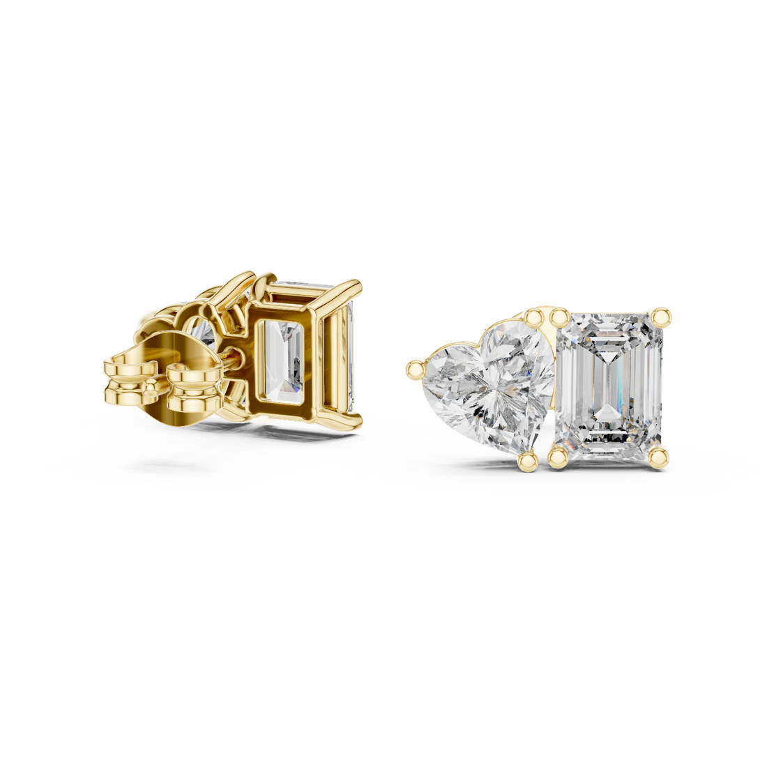 Heart & Emerald Cut Diamond Stud Earrings