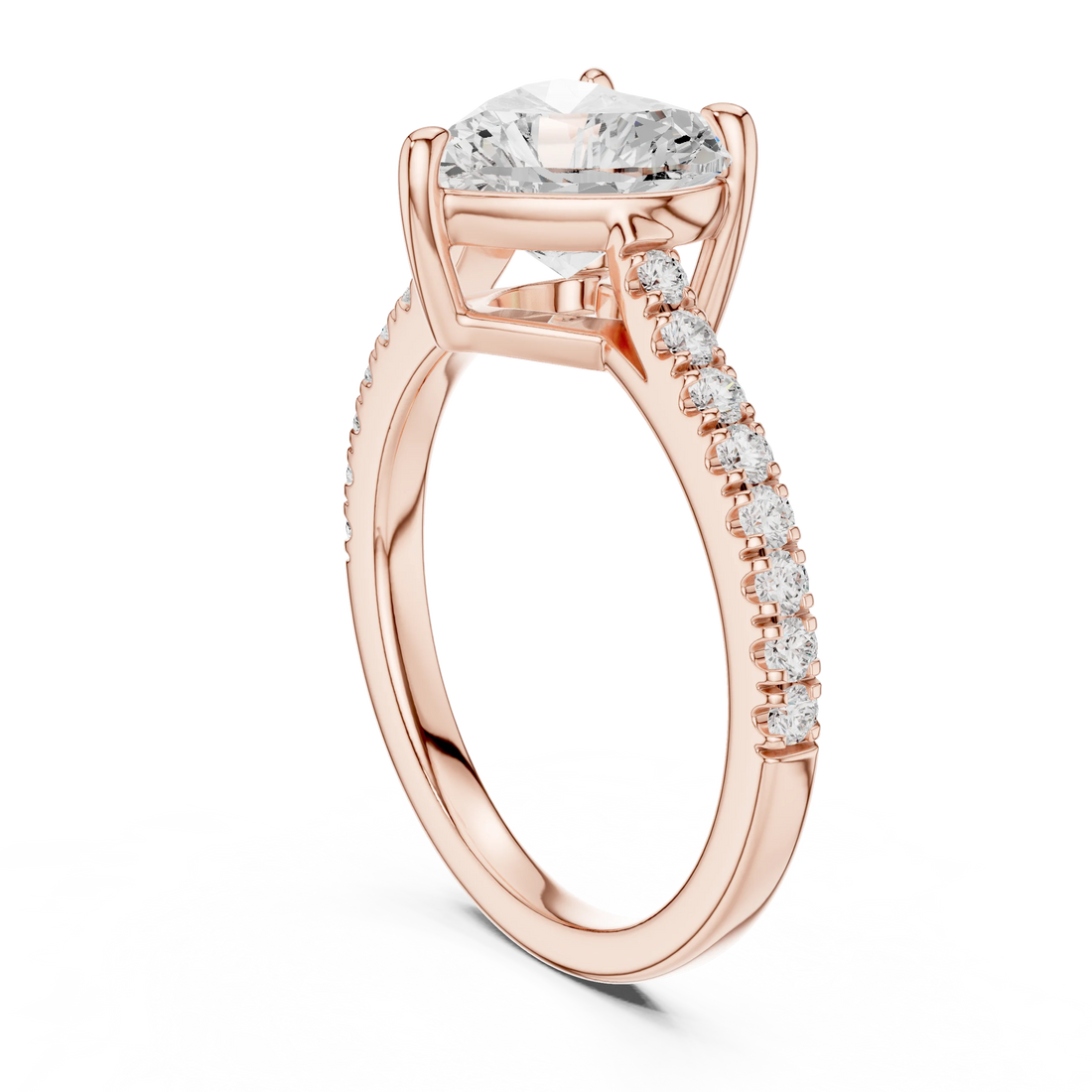 Back side view of rose gold heart-shaped diamond pavé band ring showing band and setting details