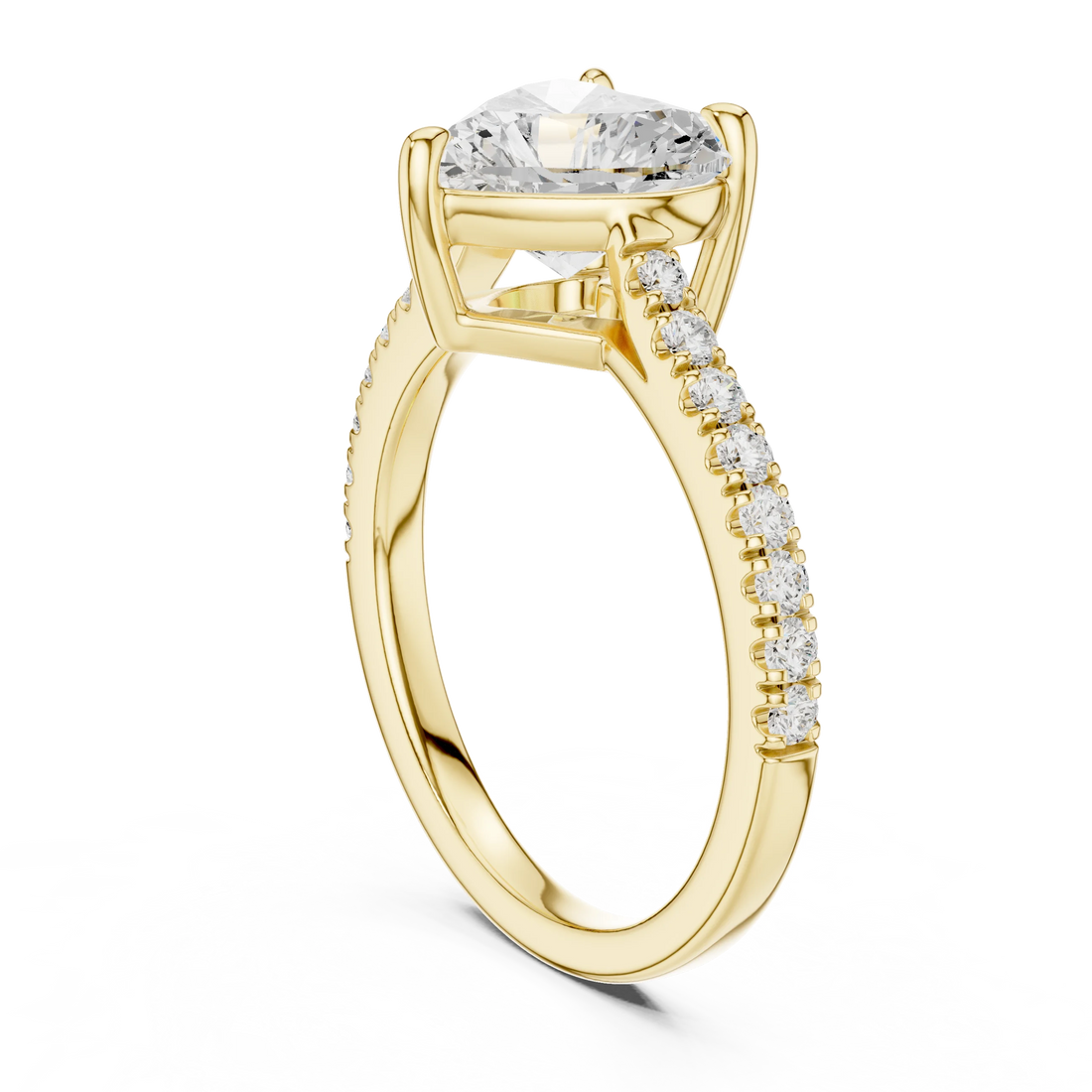 Back side view of yellow gold heart-shaped diamond pavé band ring showing band structure