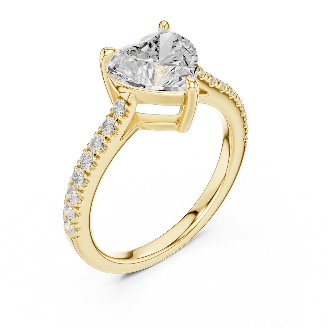 Front view of yellow gold heart-shaped diamond pavé band ring