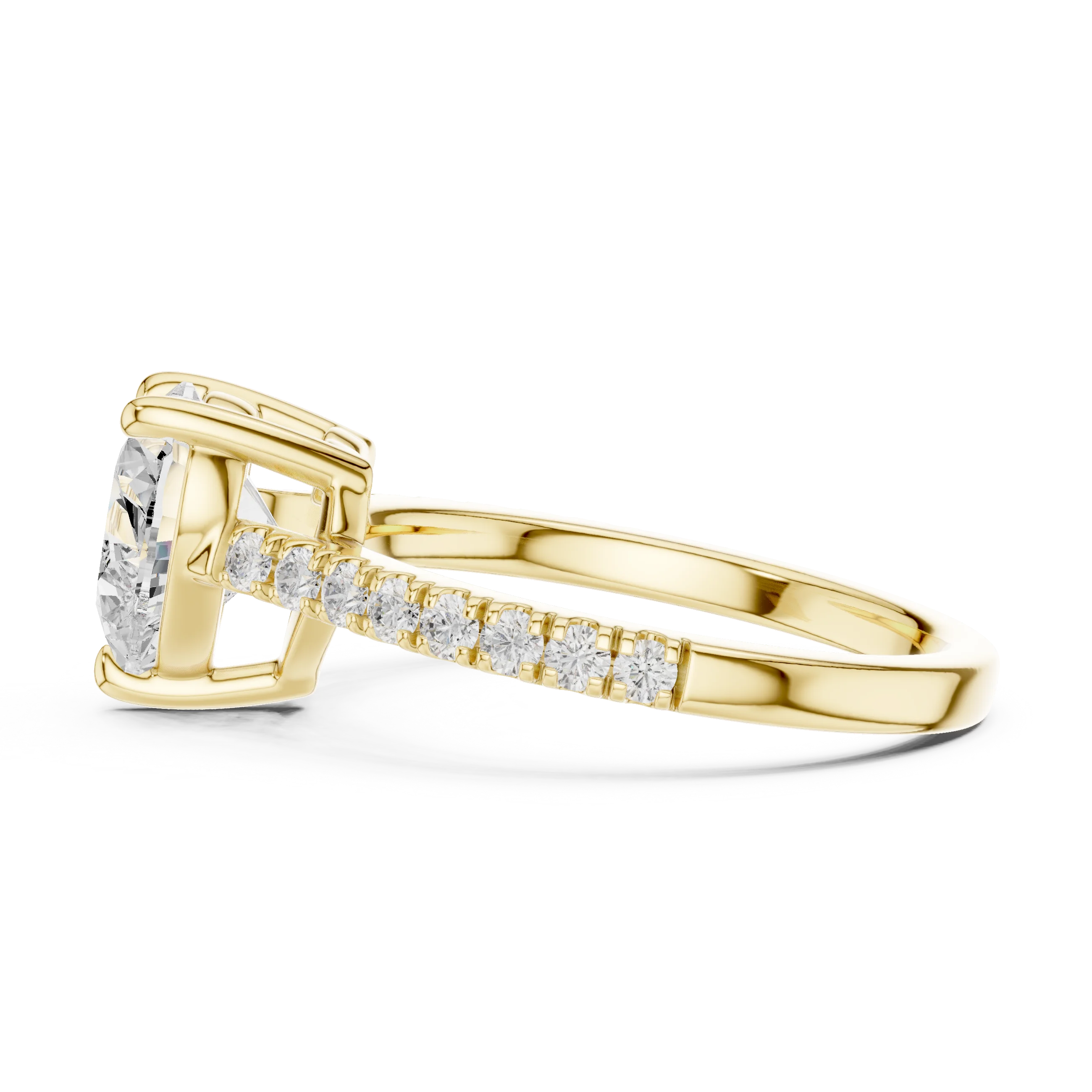 Side view of yellow gold heart-shaped diamond pavé band ring with detailed band setting