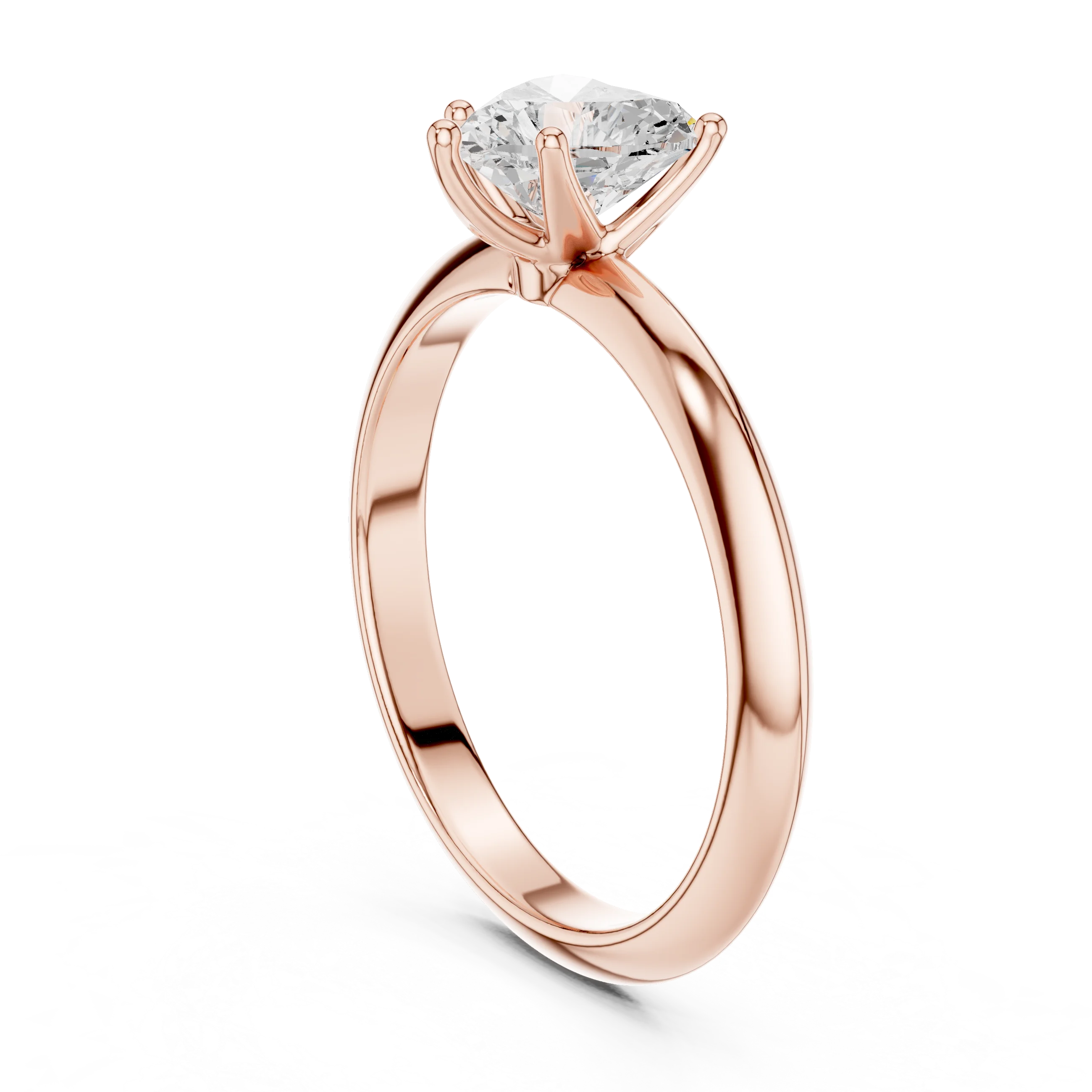 Back side view of rose gold heart diamond solitaire ring, detailing band and setting.