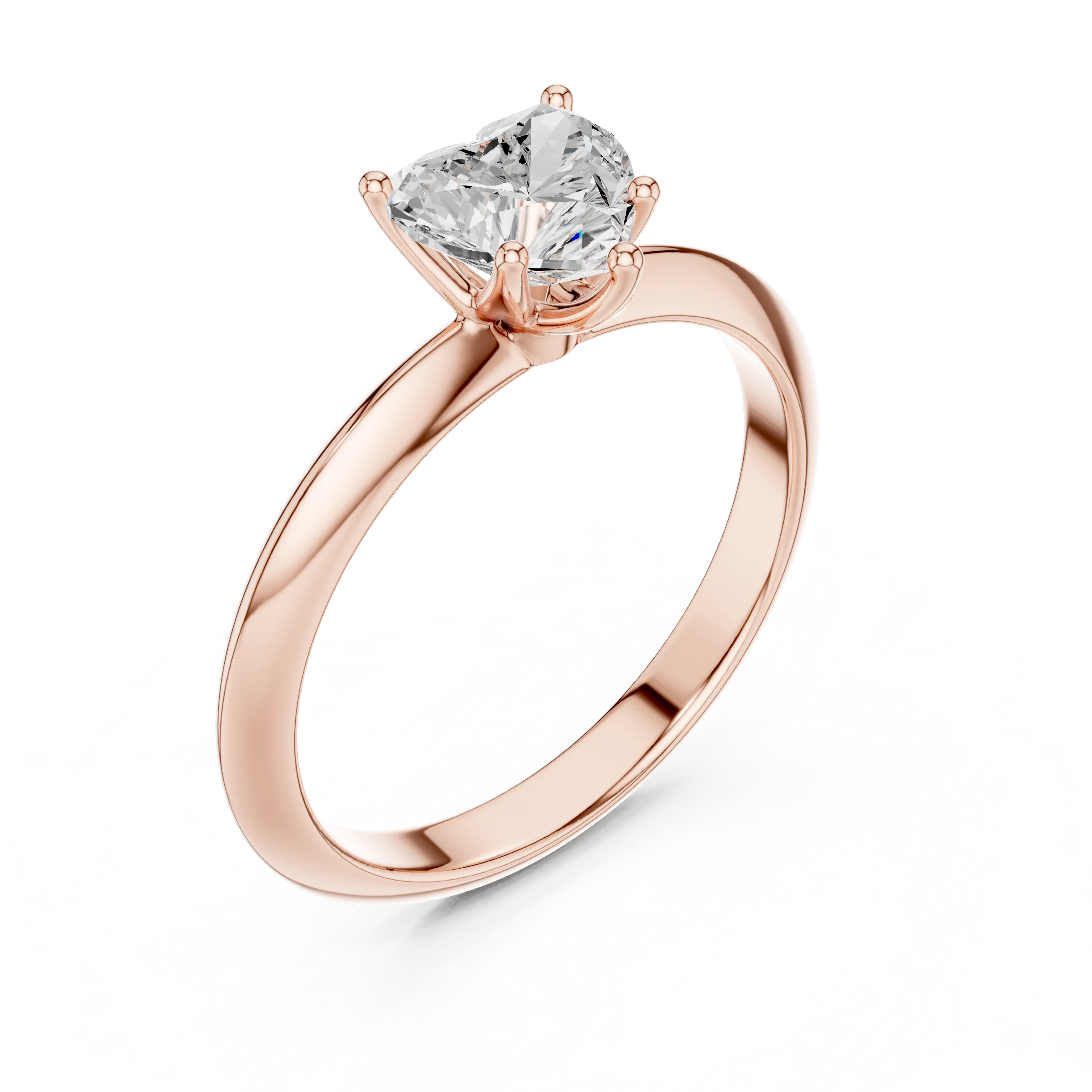 Front view of rose gold heart diamond solitaire ring, showcasing gemstone brilliance