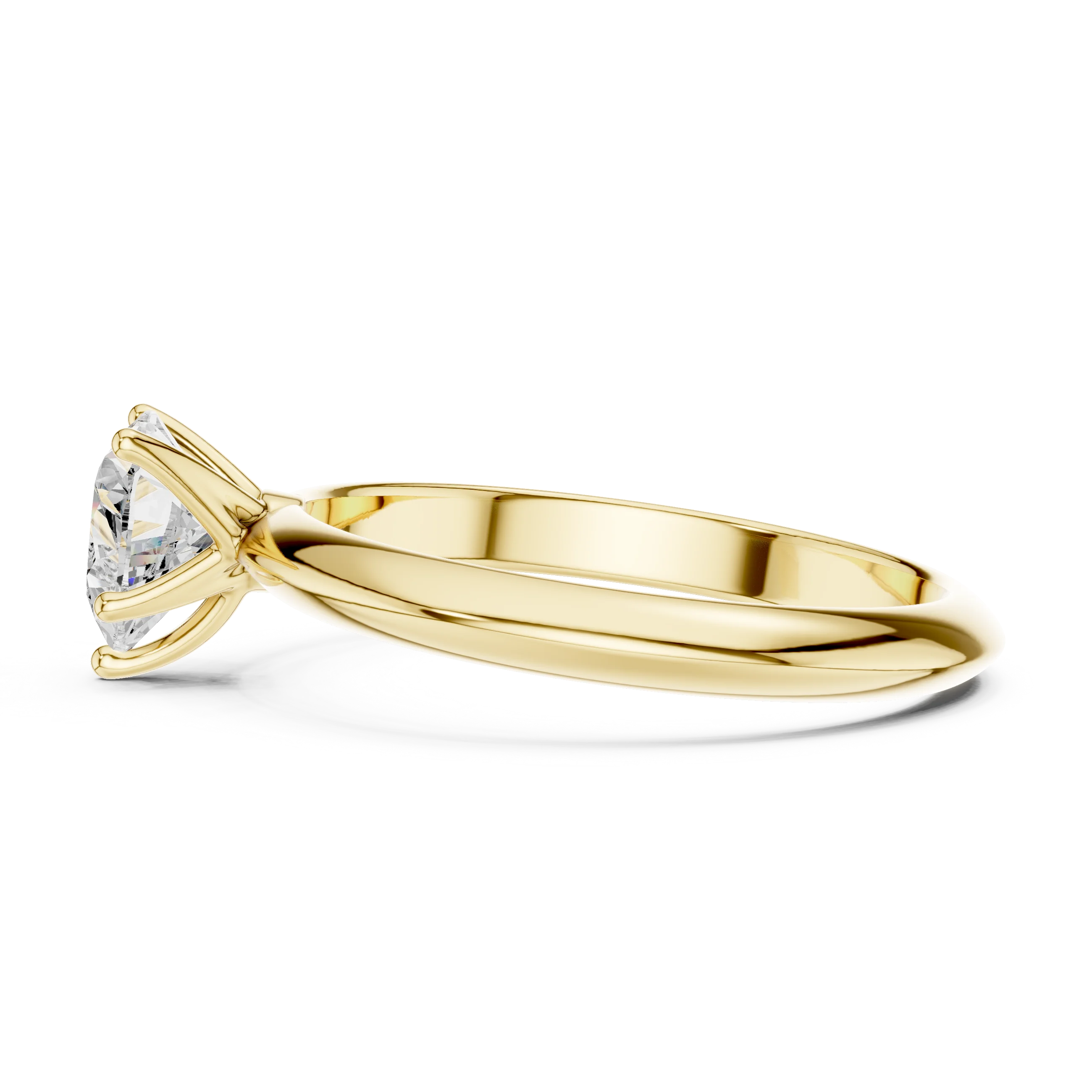 Side profile of yellow gold heart shape diamond solitaire ring, highlighting stone height