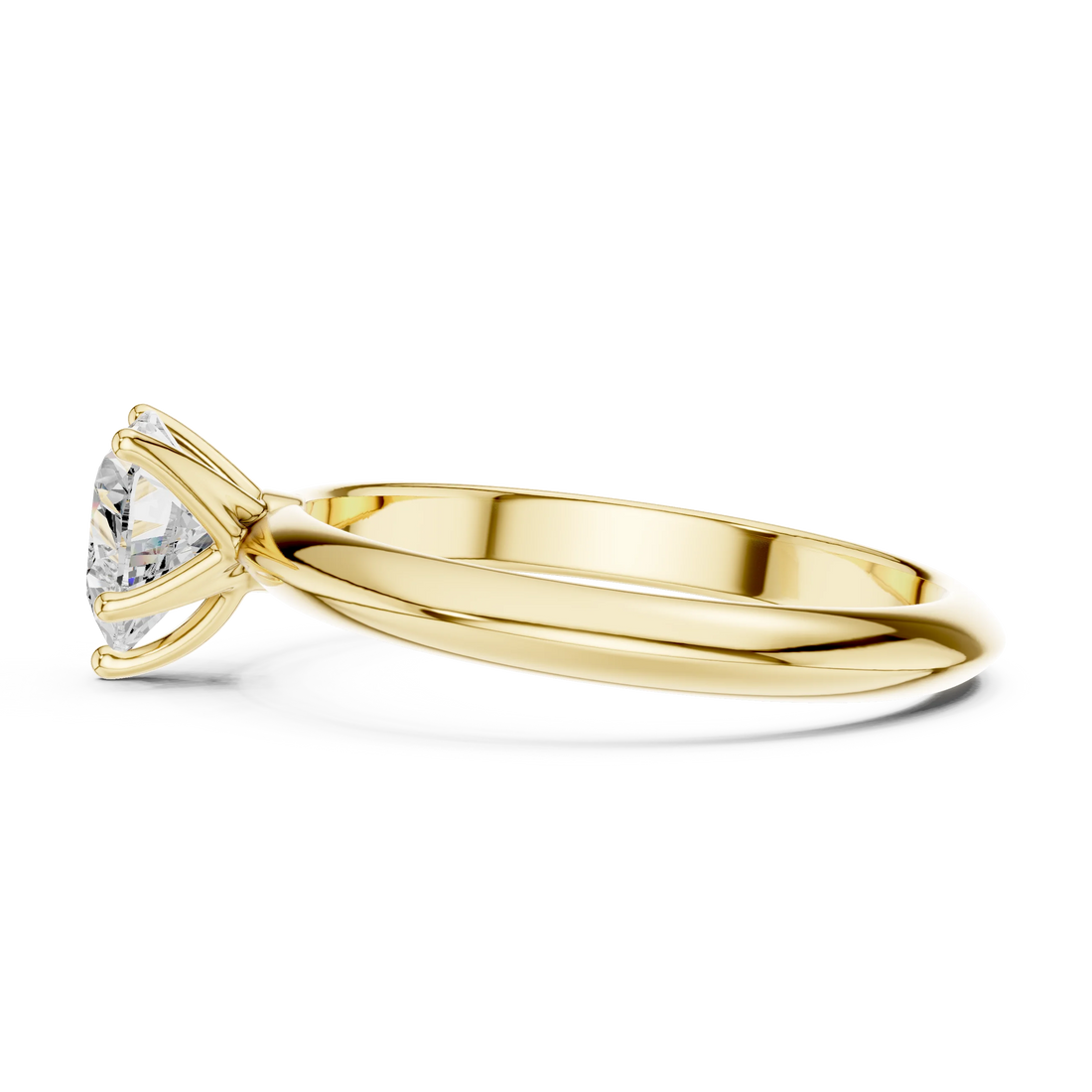 Side profile of yellow gold heart shape diamond solitaire ring, highlighting stone height