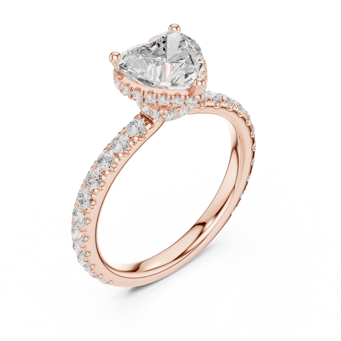 Back view of rose gold heart hidden halo ring with pave diamond band and lab-grown diamond – Australia