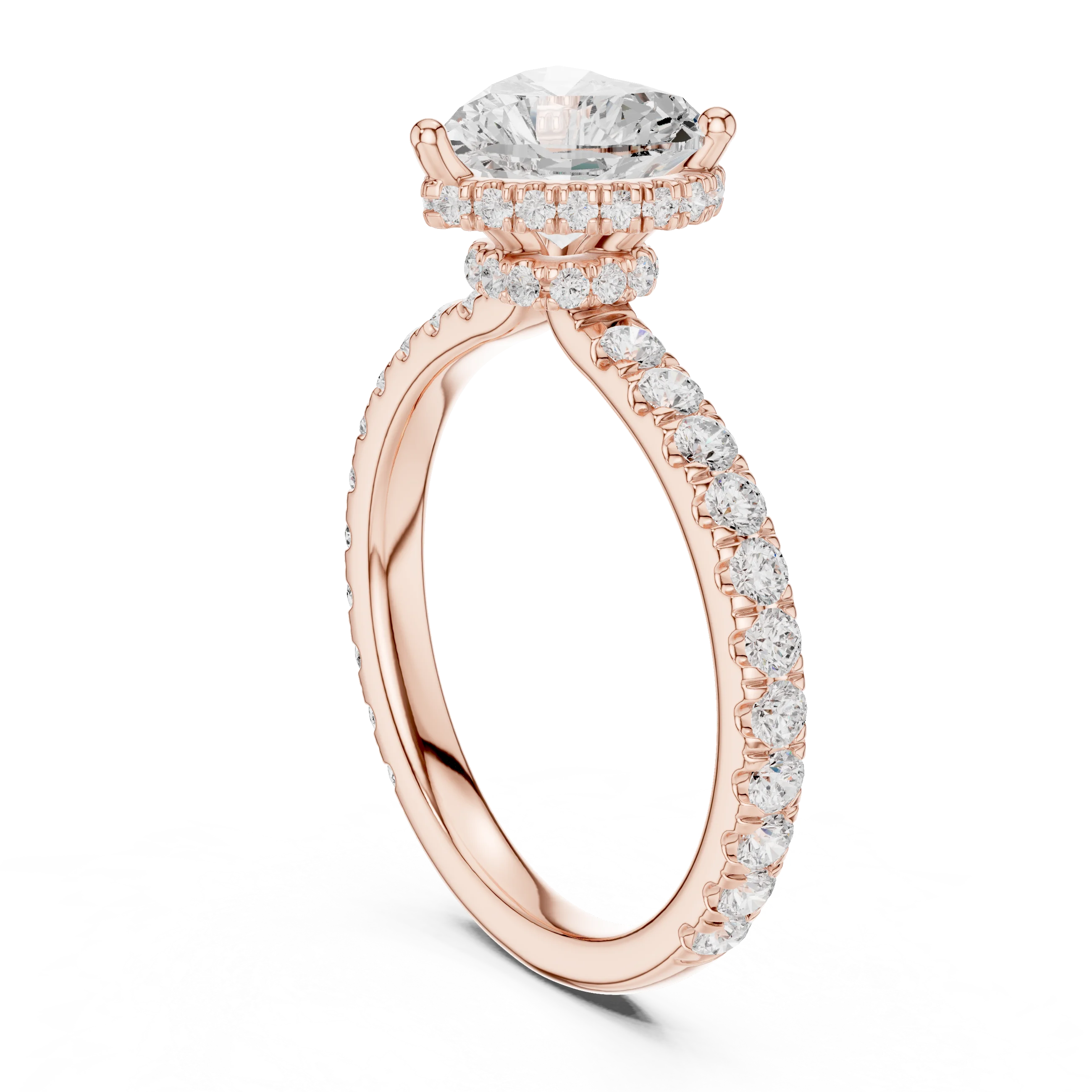 Back view of rose gold heart hidden halo ring with pave diamond band and lab-grown diamond – Australia