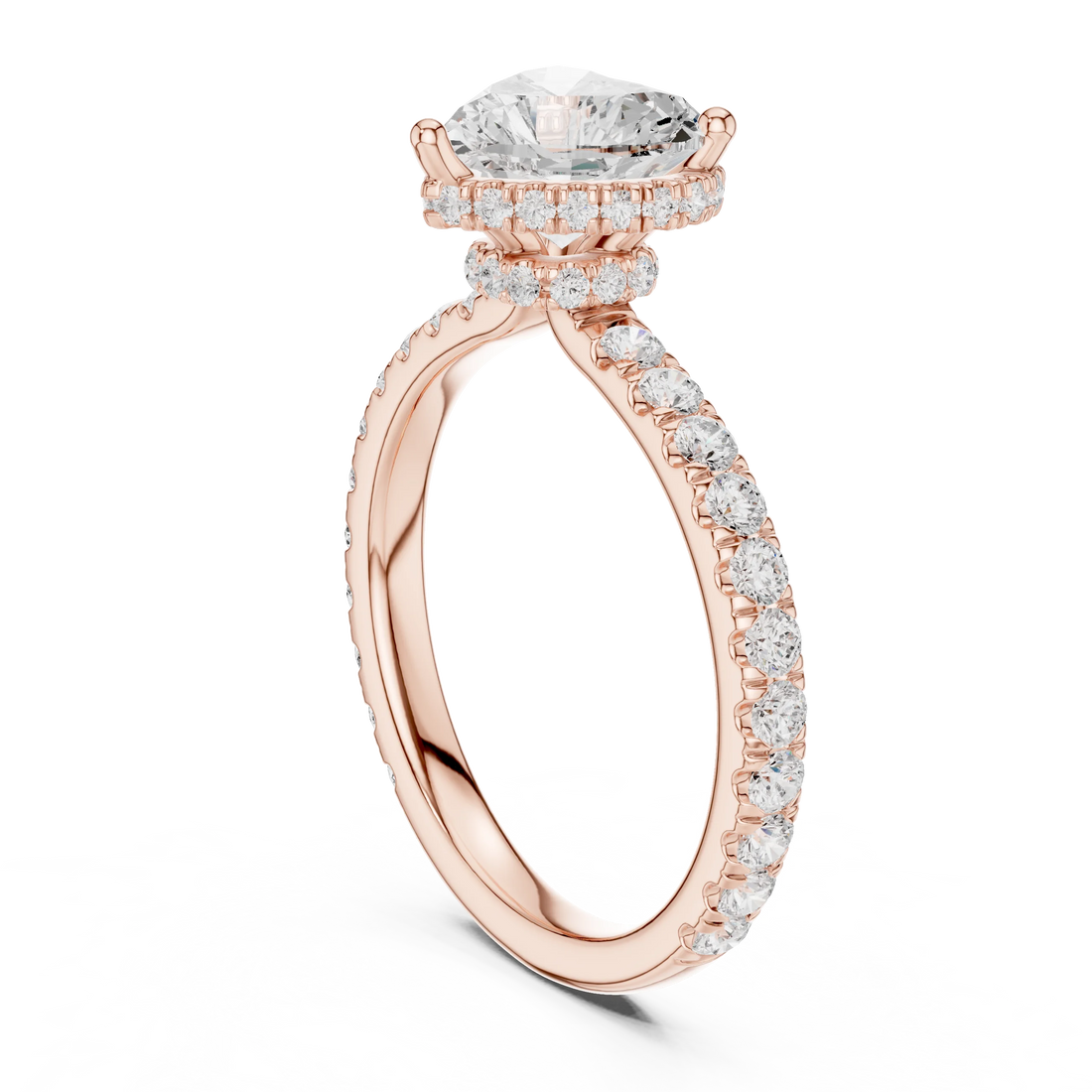 Back view of rose gold heart hidden halo ring with pave diamond band and lab-grown diamond – Australia