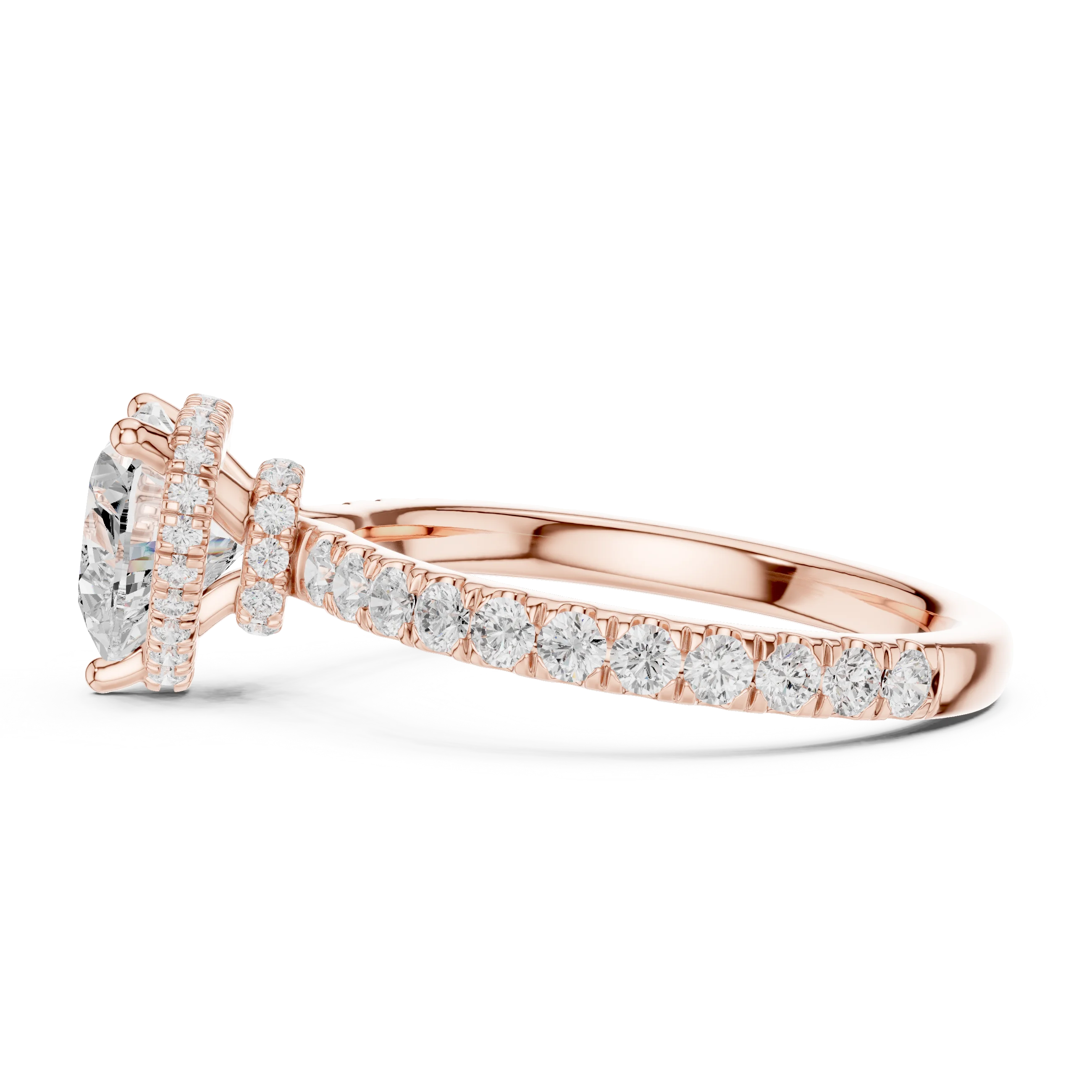 Side view of rose gold heart hidden halo ring with pave diamond band and lab-grown diamond – Australia