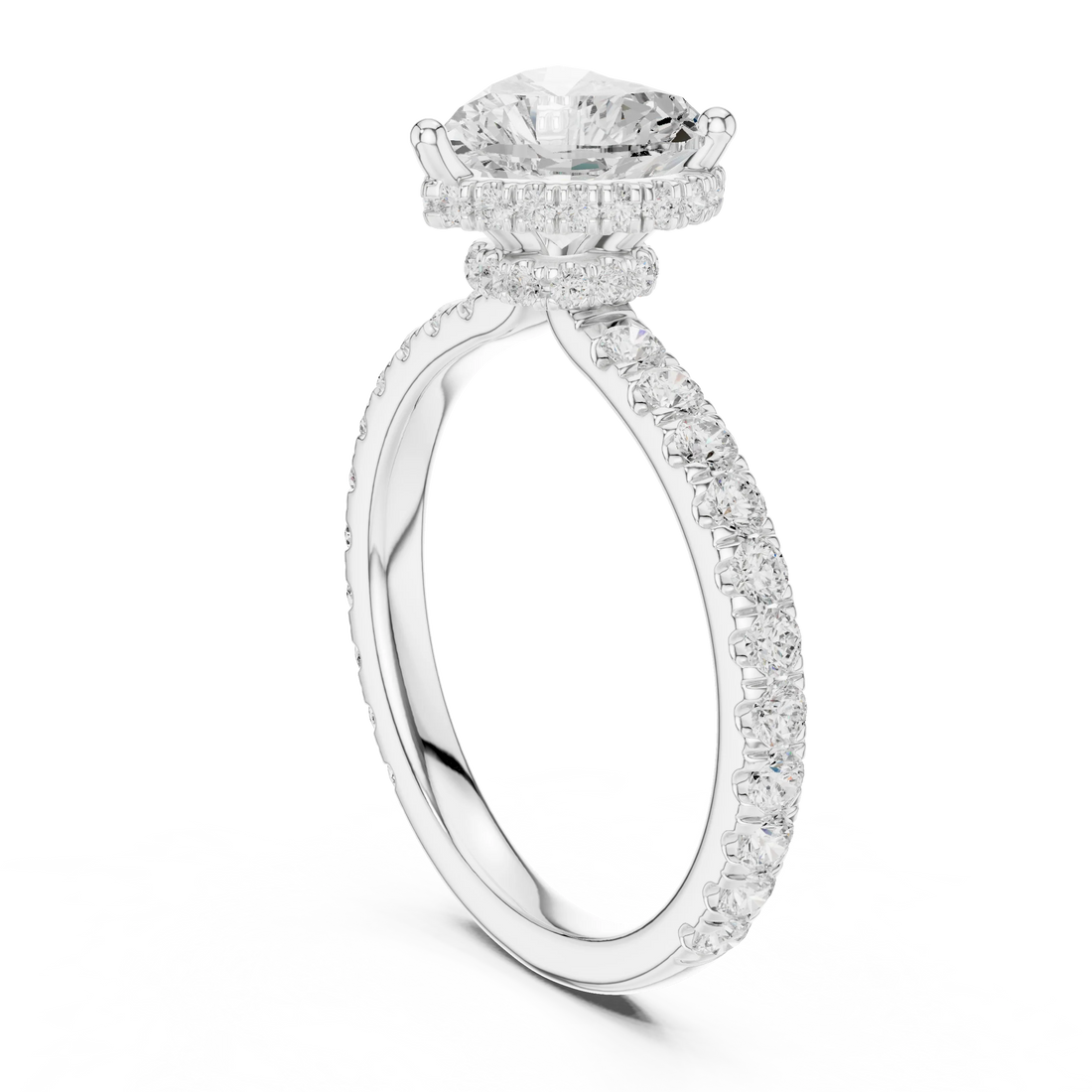 Back view of white gold heart hidden halo ring with pave diamond band and lab-grown diamond – Australia