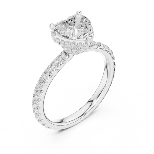 Front view of white gold heart hidden halo ring with pave diamond band and lab-grown diamond – Australia