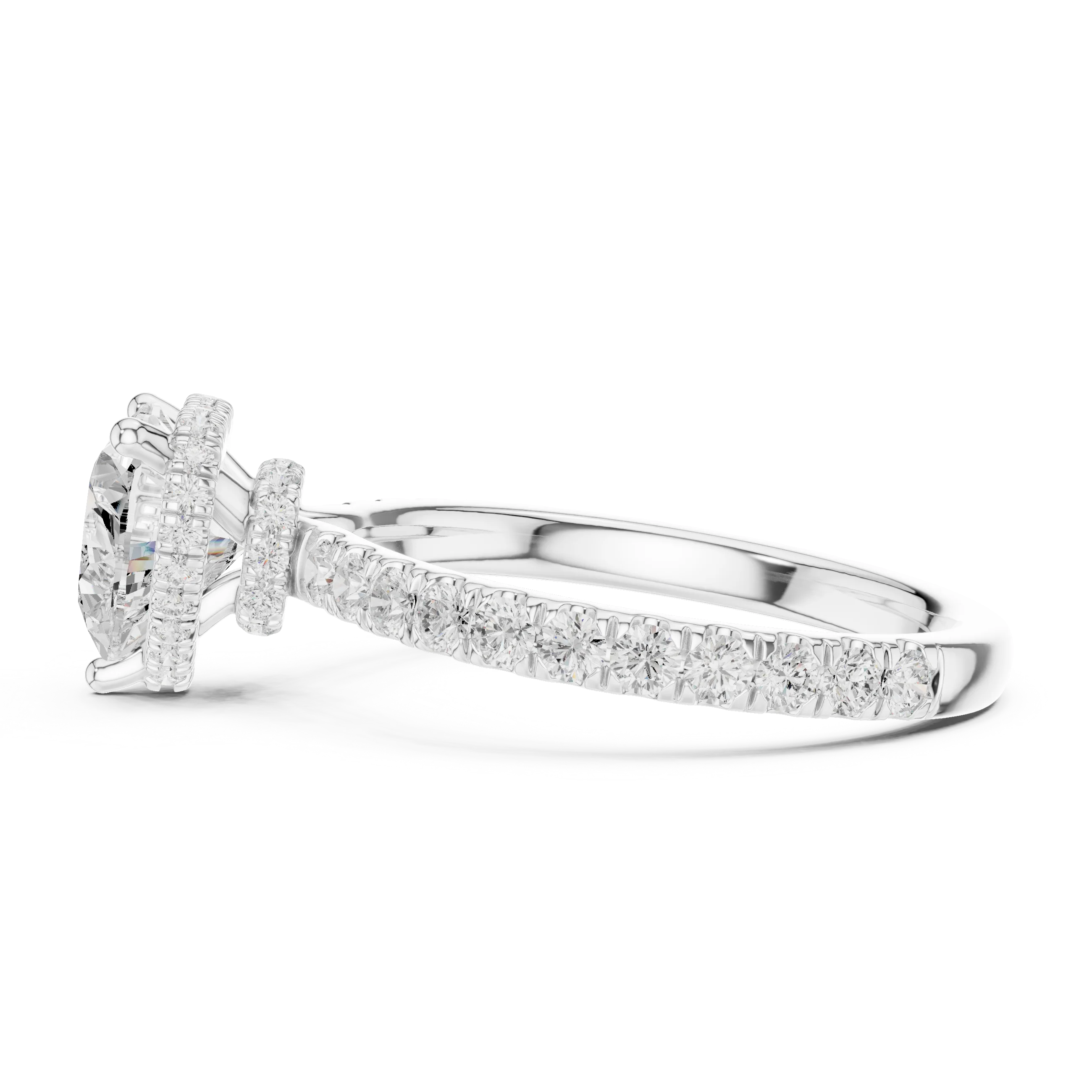 Side view of white gold heart hidden halo ring with pave diamond band and lab-grown diamond – Australia