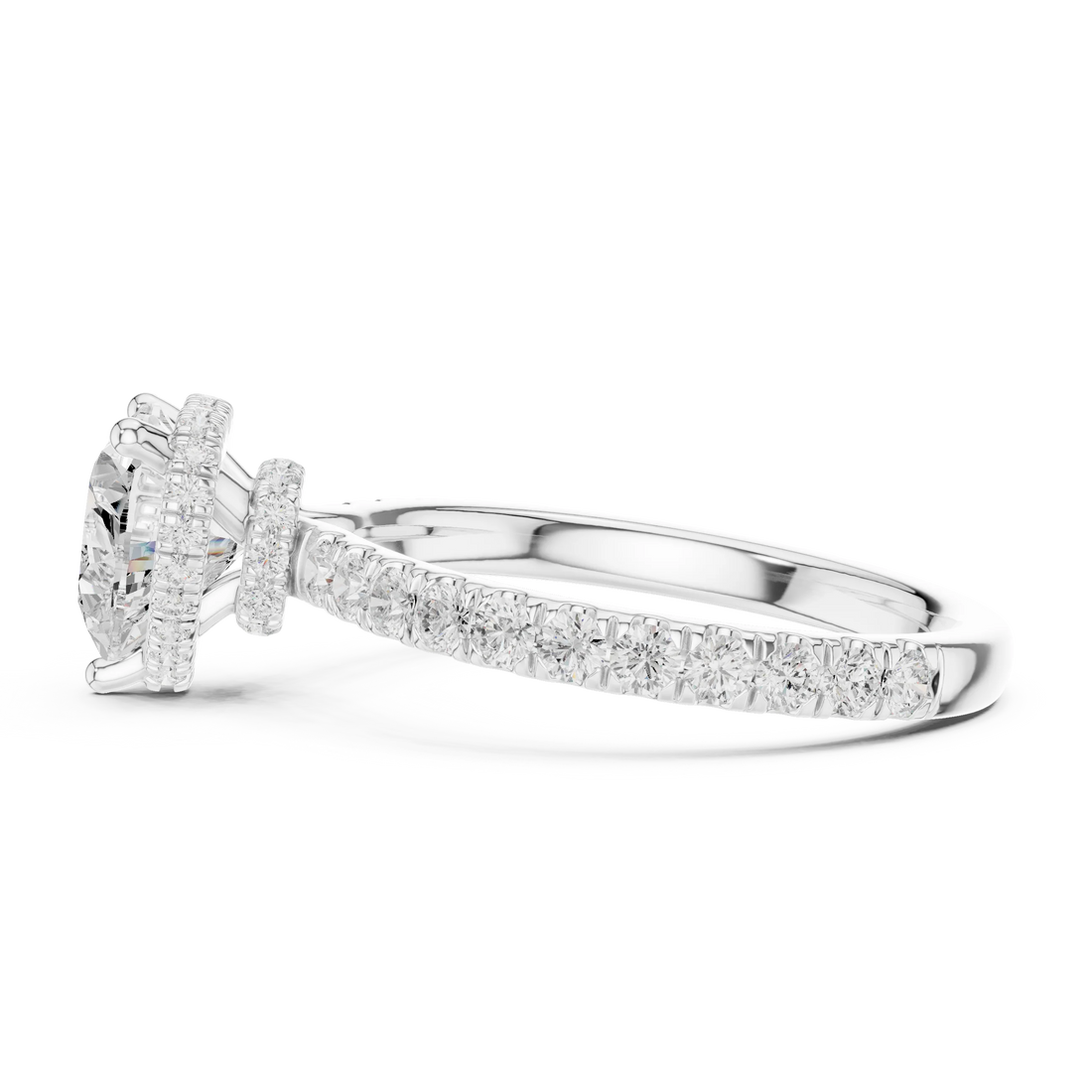 Side view of white gold heart hidden halo ring with pave diamond band and lab-grown diamond – Australia