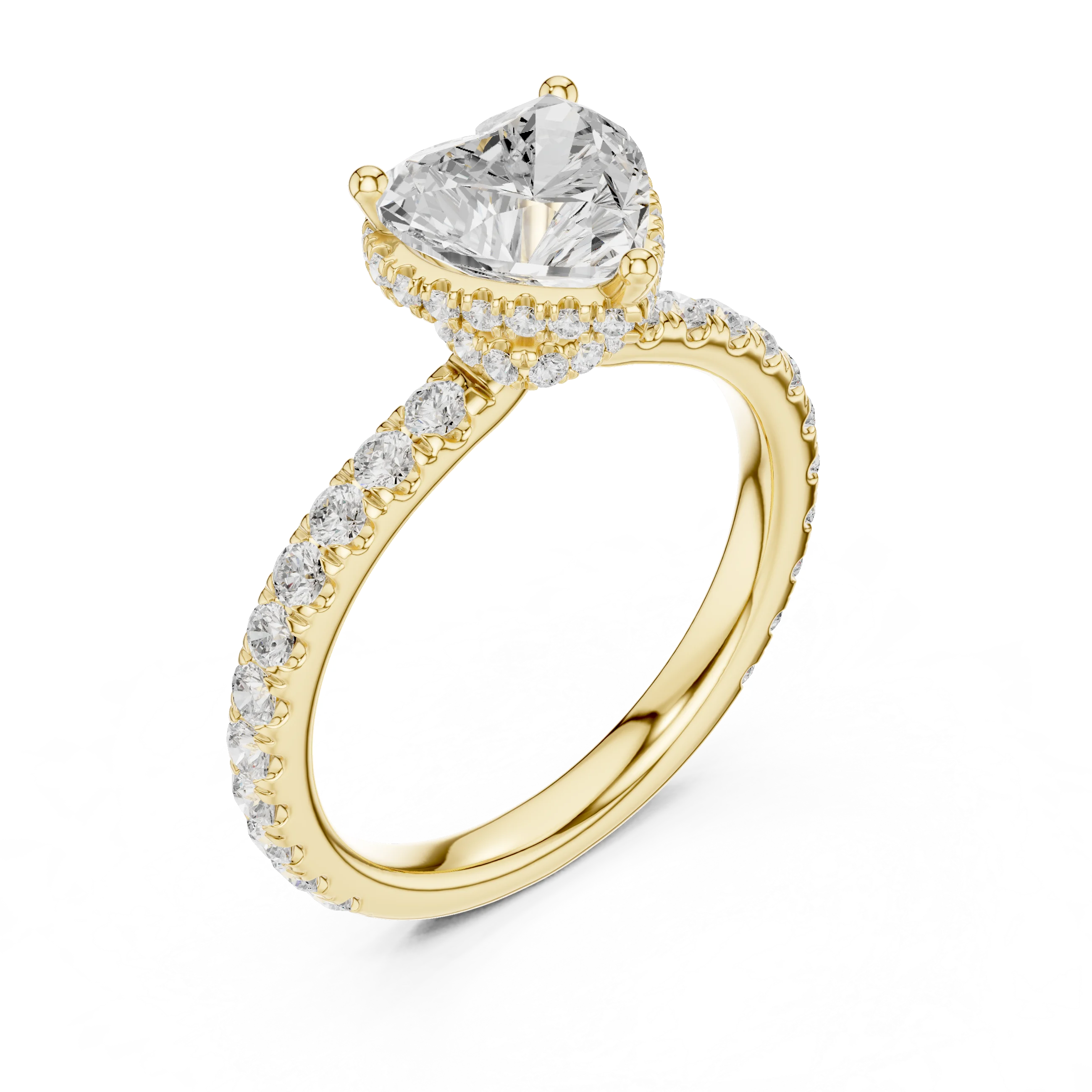 Front view of yellow gold heart hidden halo ring with pave diamond band and lab-grown diamond – Australia