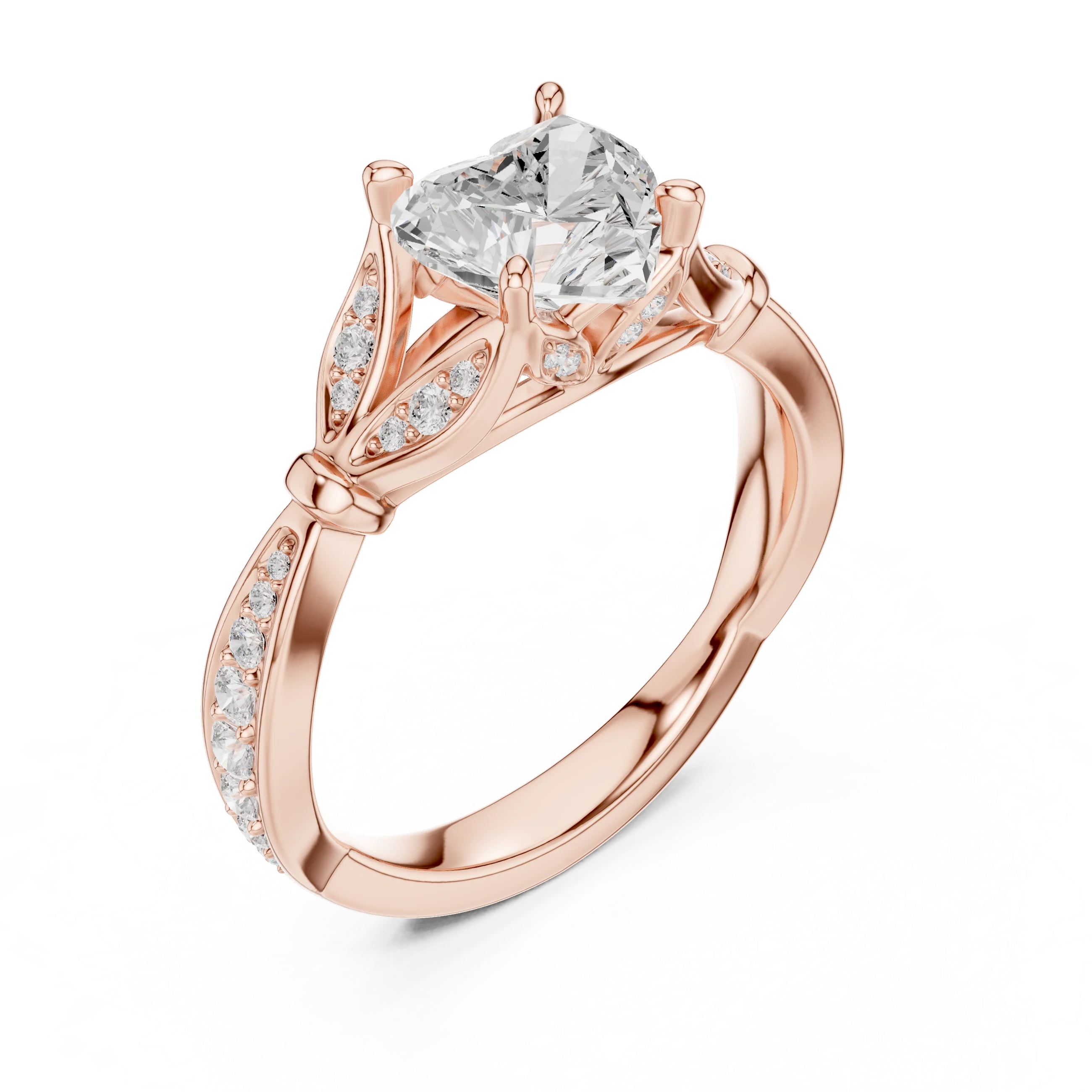 Front view of rose gold heart solitaire ring with floral milgrain pave band and lab-grown diamond – Australia