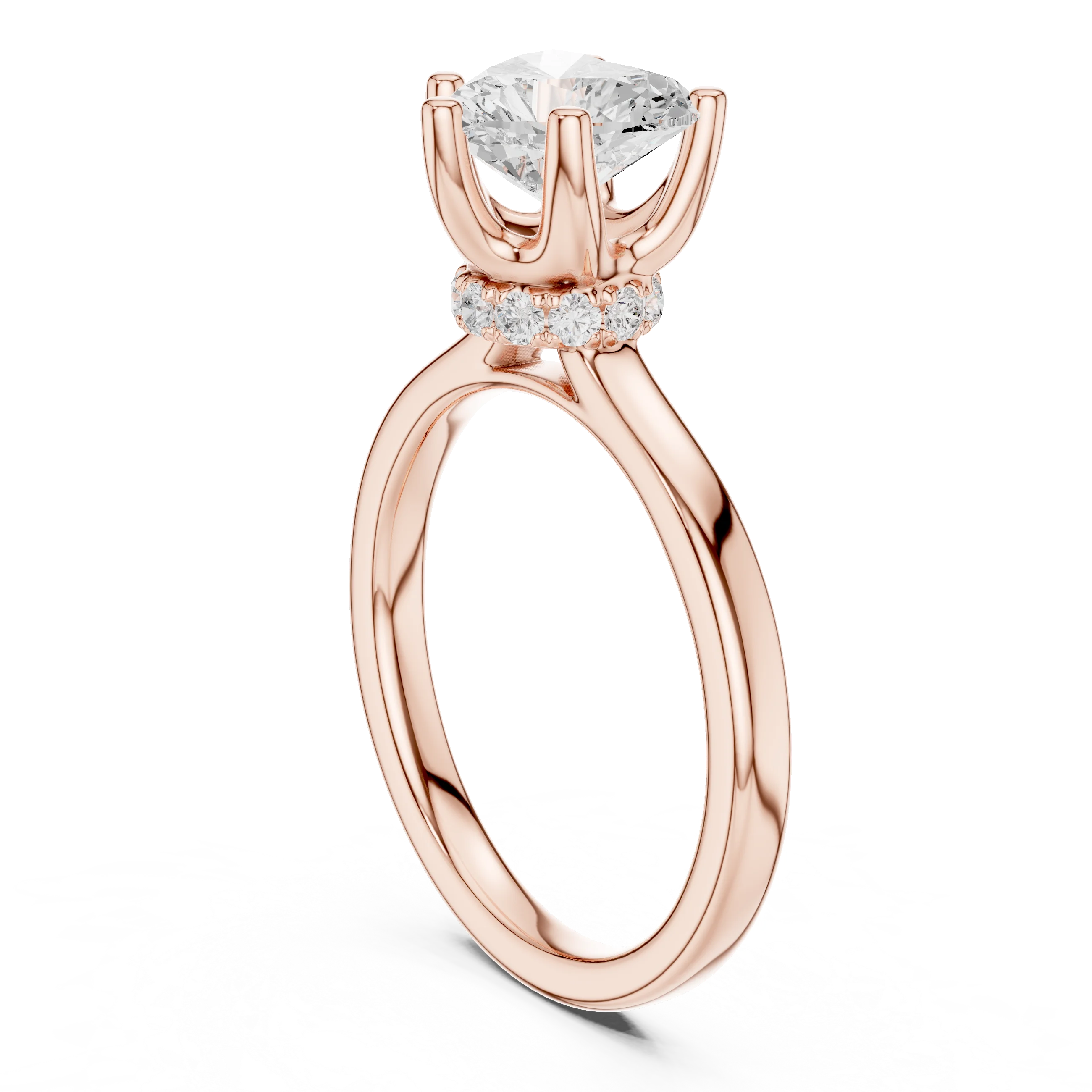 Back view of rose gold heart cut solitaire ring showing hidden halo and domed band structure