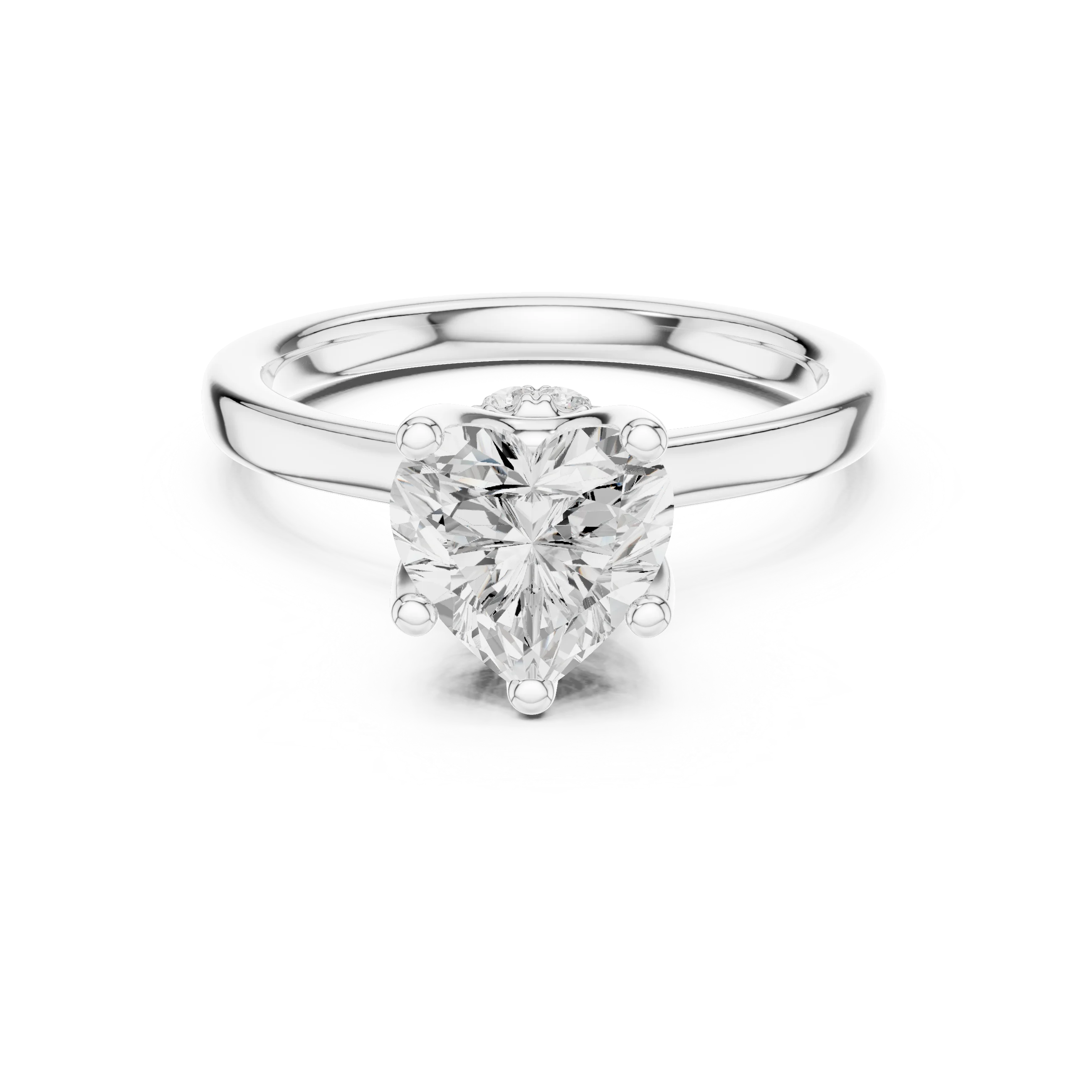 White gold heart cut solitaire ring with hidden halo and domed band featuring lab-grown diamond, elegant romantic design