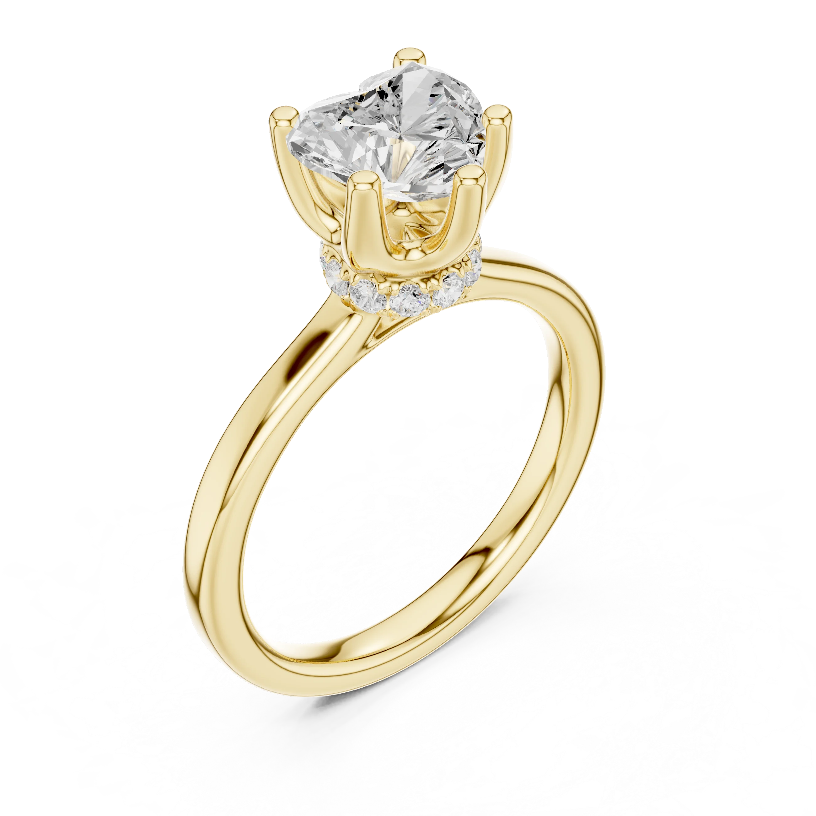 Front view of yellow gold heart cut solitaire ring with hidden halo and domed band and lab-created diamond
