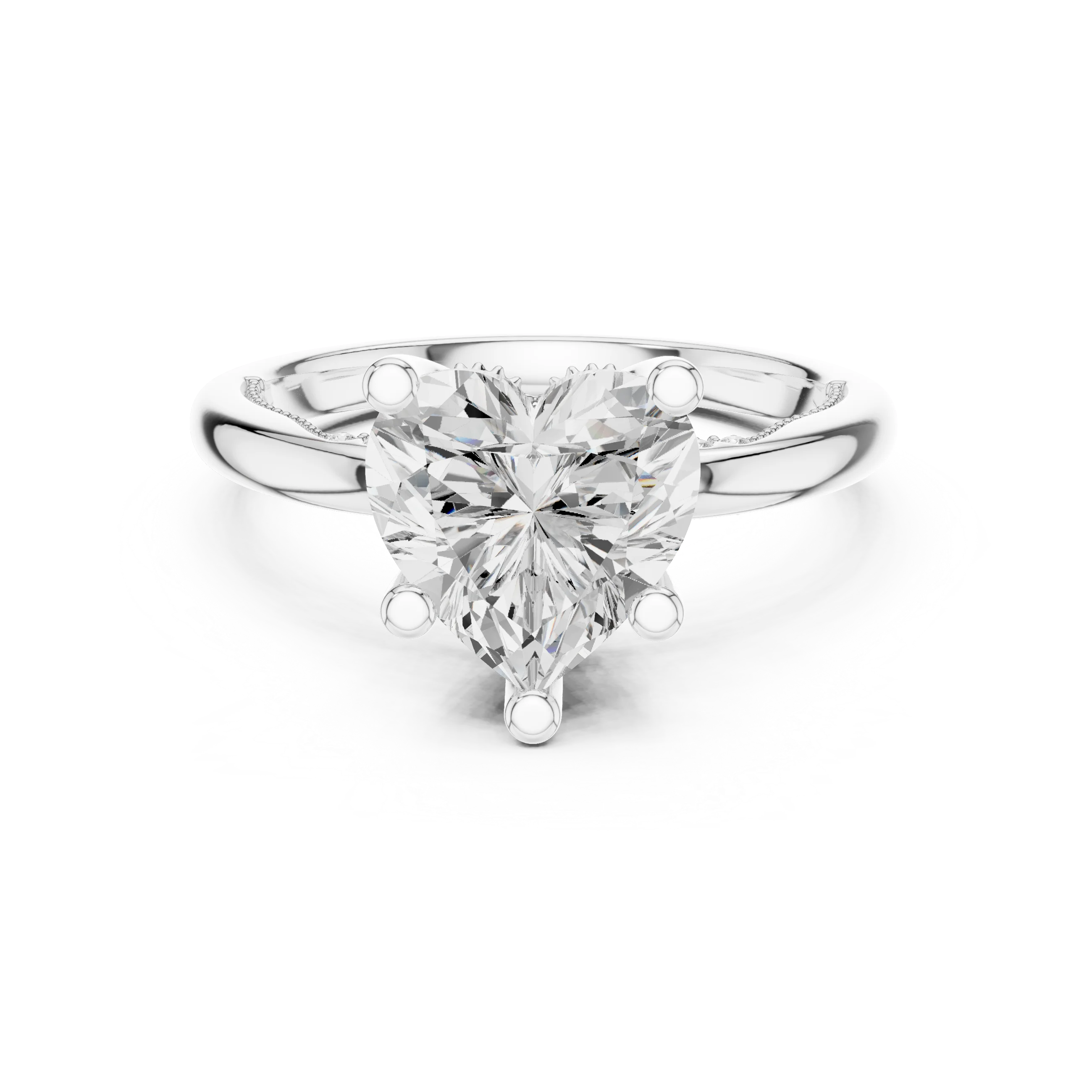 White gold heart cut solitaire ring with hidden halo and domed band featuring lab-grown diamond, elegant romantic design