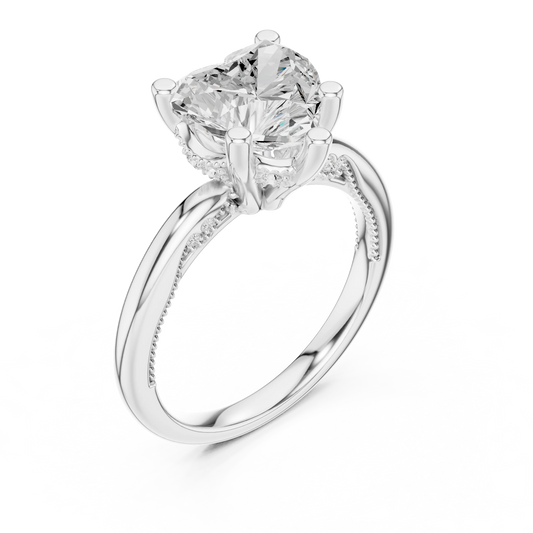 Front view of white gold heart cut solitaire ring with hidden halo and domed band and lab-created diamond