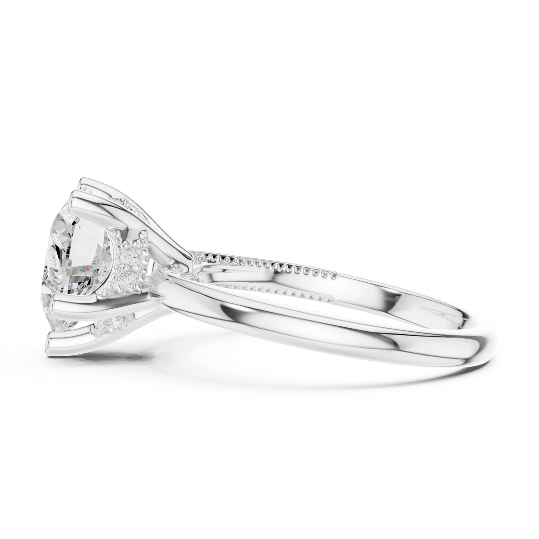 Side view of white gold heart cut solitaire ring highlighting hidden halo and domed band design