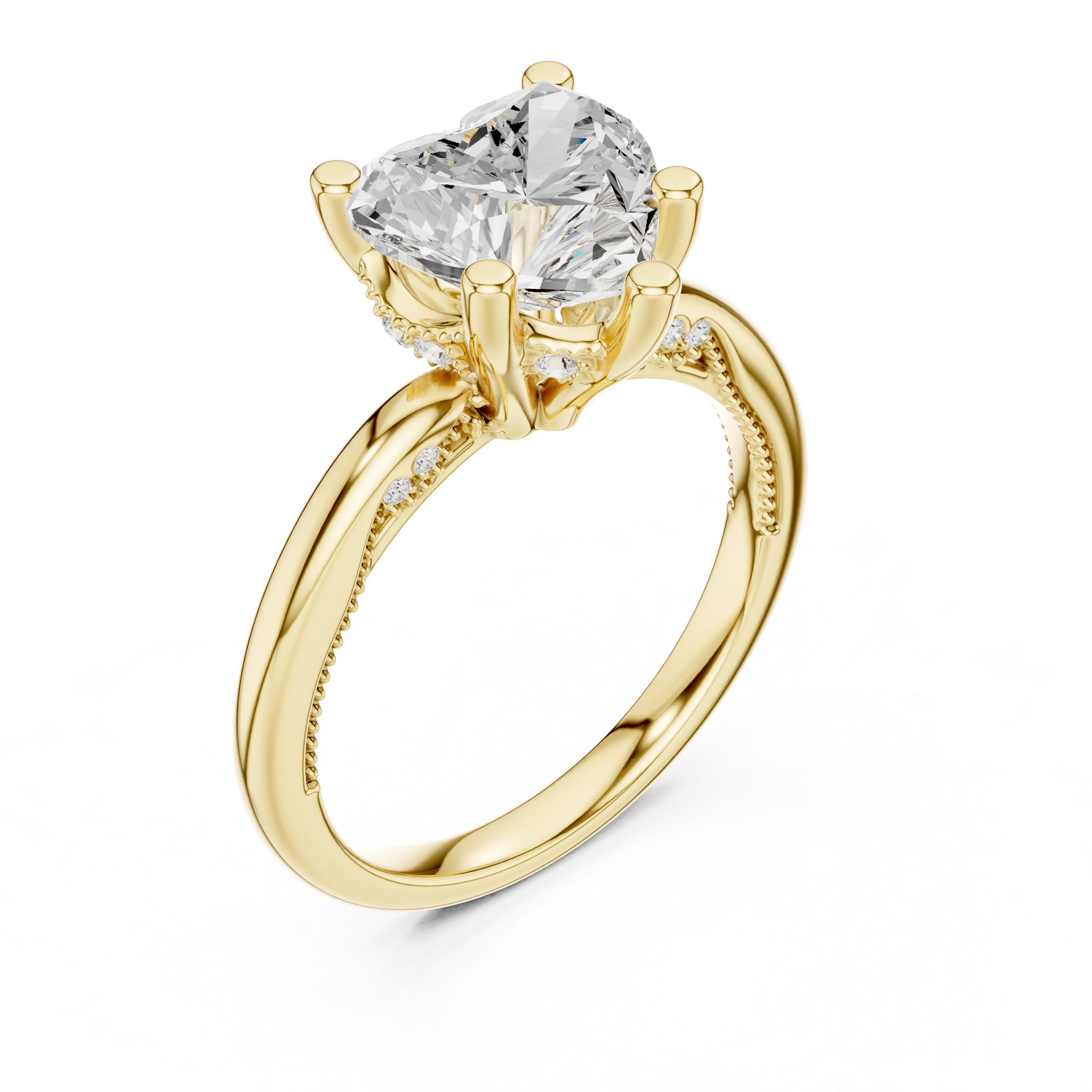 Front view of yellow gold heart cut solitaire ring with hidden halo and domed band and lab-created diamond