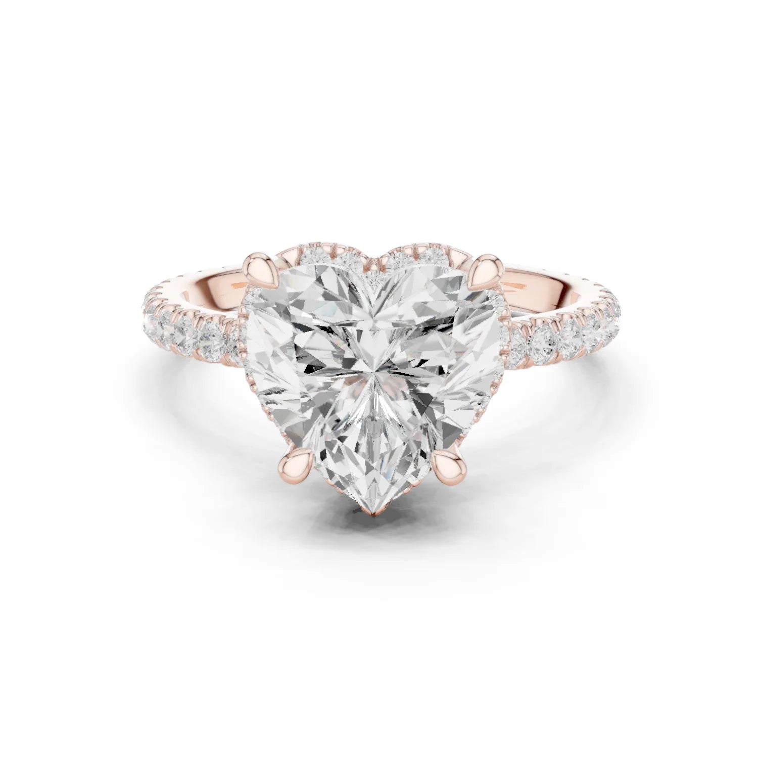 Rose gold heart cut solitaire ring with hidden halo and thin pavé band featuring lab-grown diamond, modern delicate look