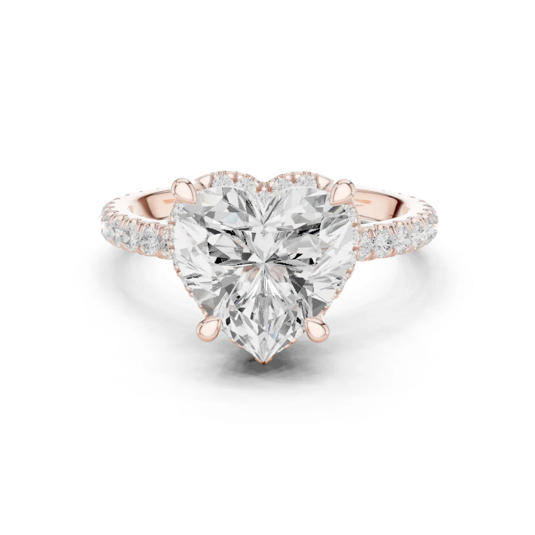 Rose gold heart cut solitaire ring with hidden halo and thin pavé band featuring lab-grown diamond, modern delicate look