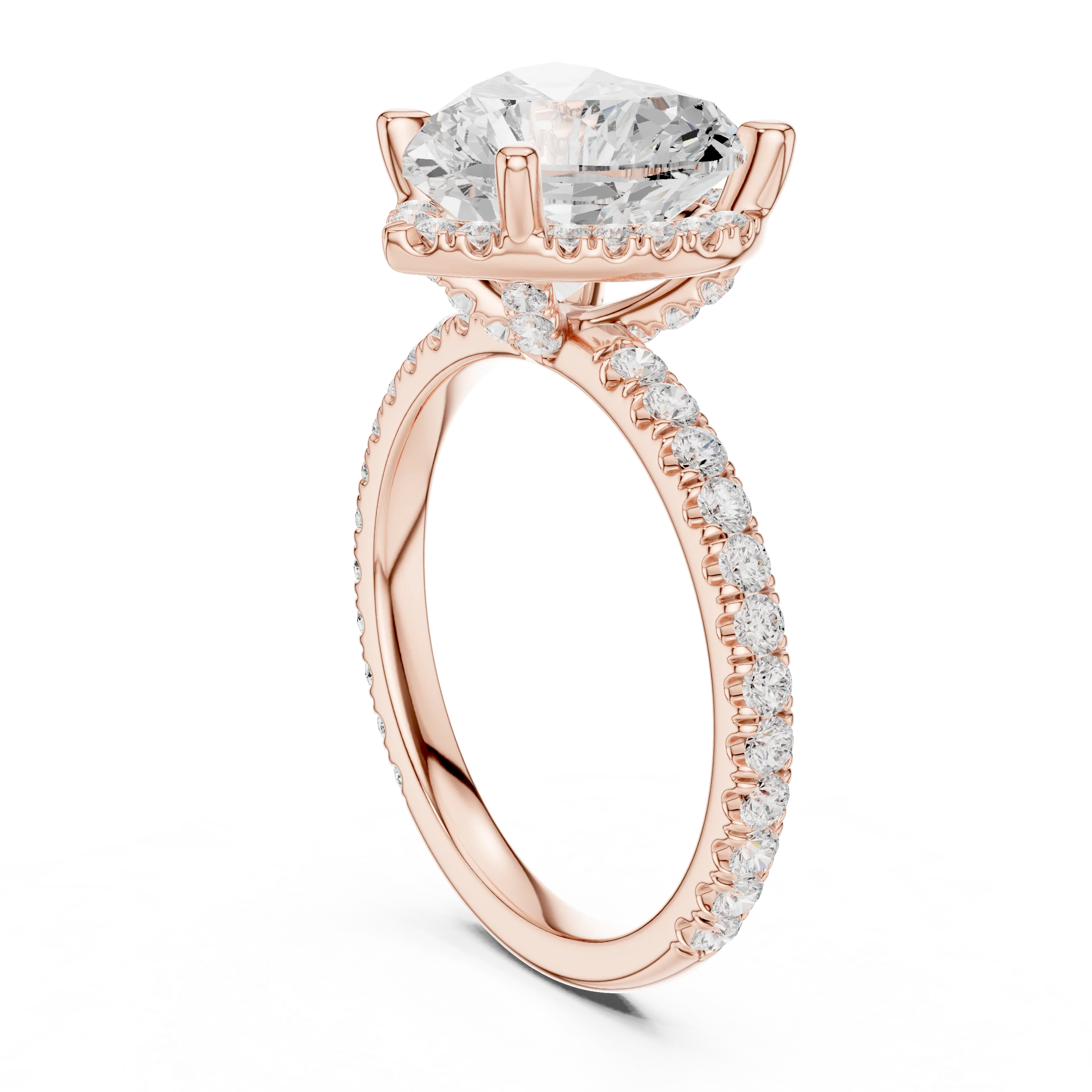 Back side view of rose gold heart cut solitaire ring showing hidden halo and thin pavé band structure