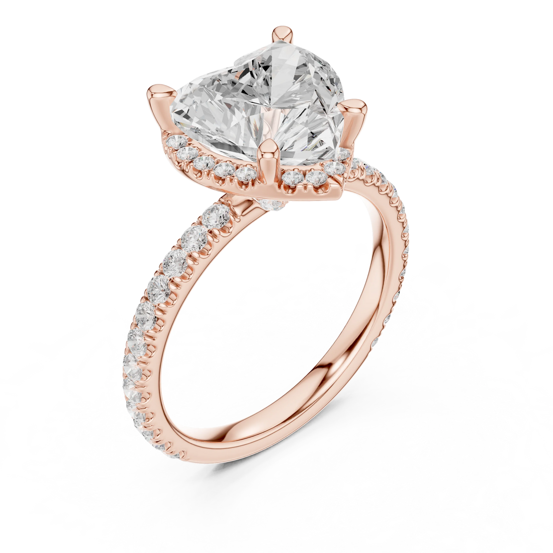 Front view of rose gold heart cut solitaire ring with hidden halo and thin pavé diamond band and lab-created diamond