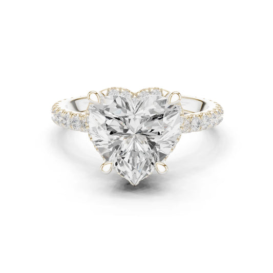 White gold heart cut solitaire ring with hidden halo and thin pavé band featuring lab-grown diamond, delicate romantic design