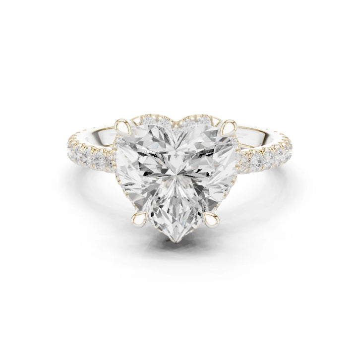White gold heart cut solitaire ring with hidden halo and thin pavé band featuring lab-grown diamond, delicate romantic design
