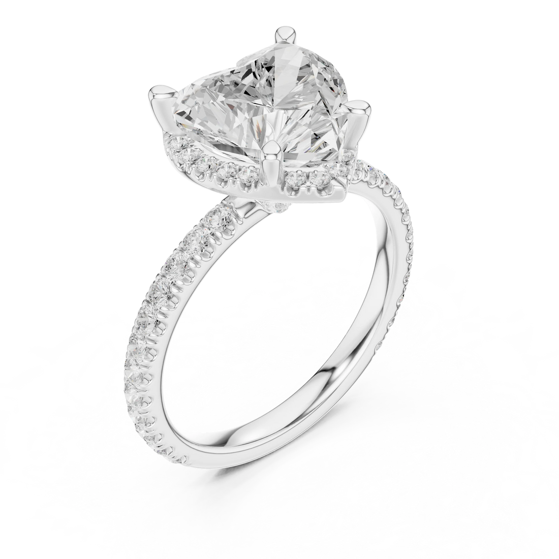 Front view of white gold heart cut solitaire ring with hidden halo and thin pavé diamond band and lab-created diamond