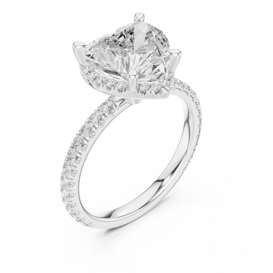 Front view of white gold heart cut solitaire ring with hidden halo and thin pavé diamond band and lab-created diamond