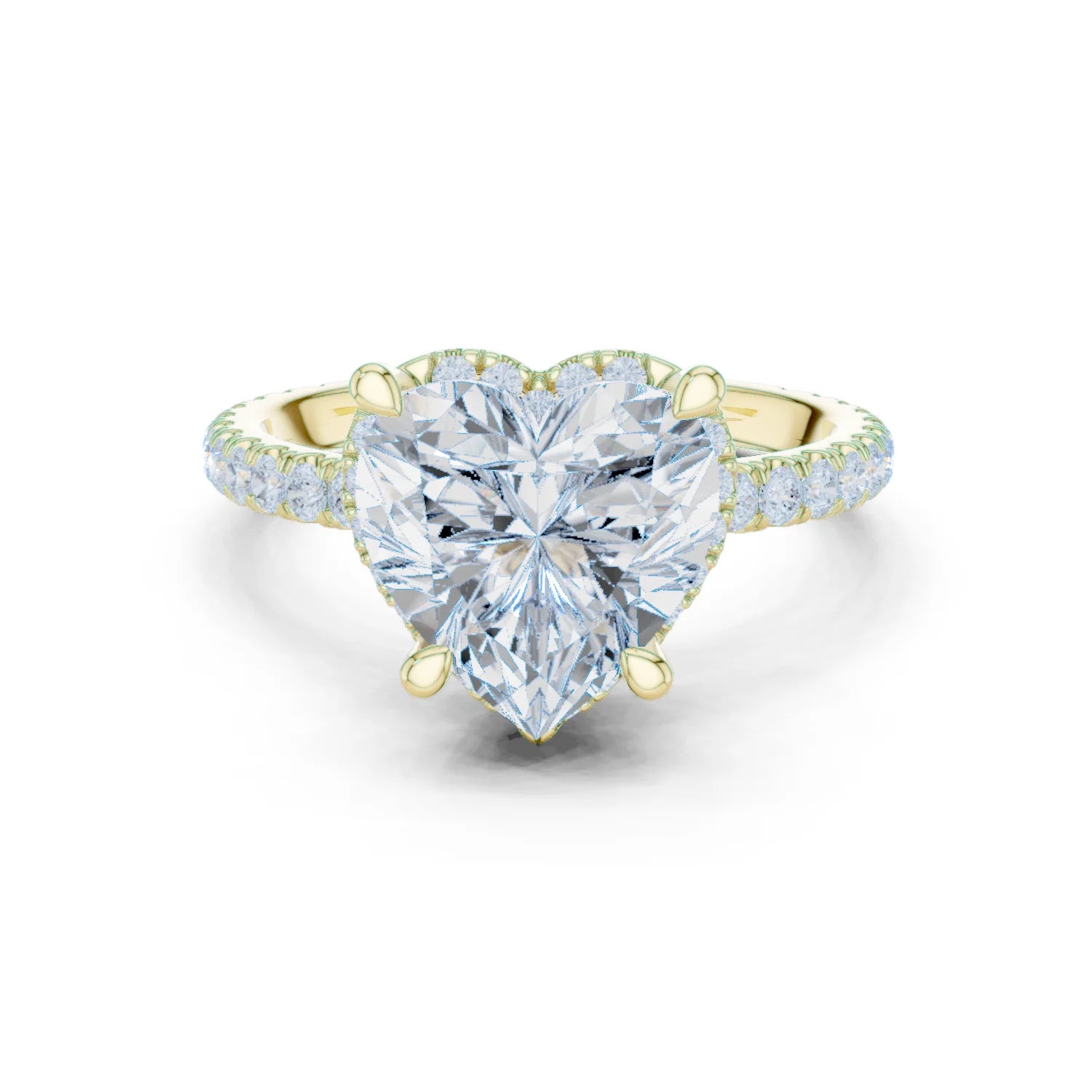 Yellow gold heart cut solitaire ring with hidden halo and thin pavé band featuring lab-grown diamond, classic romantic style