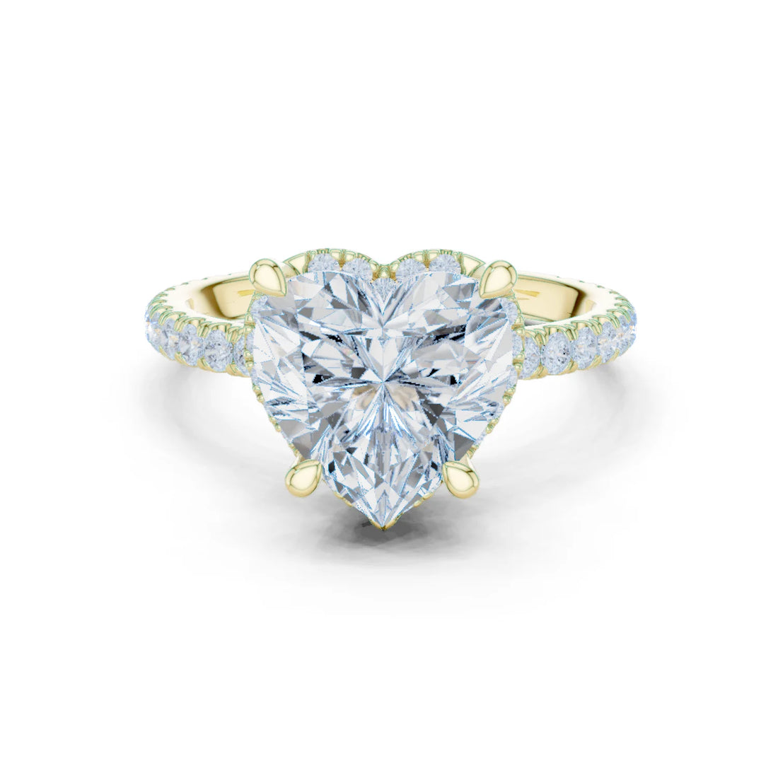 Yellow gold heart cut solitaire ring with hidden halo and thin pavé band featuring lab-grown diamond, classic romantic style