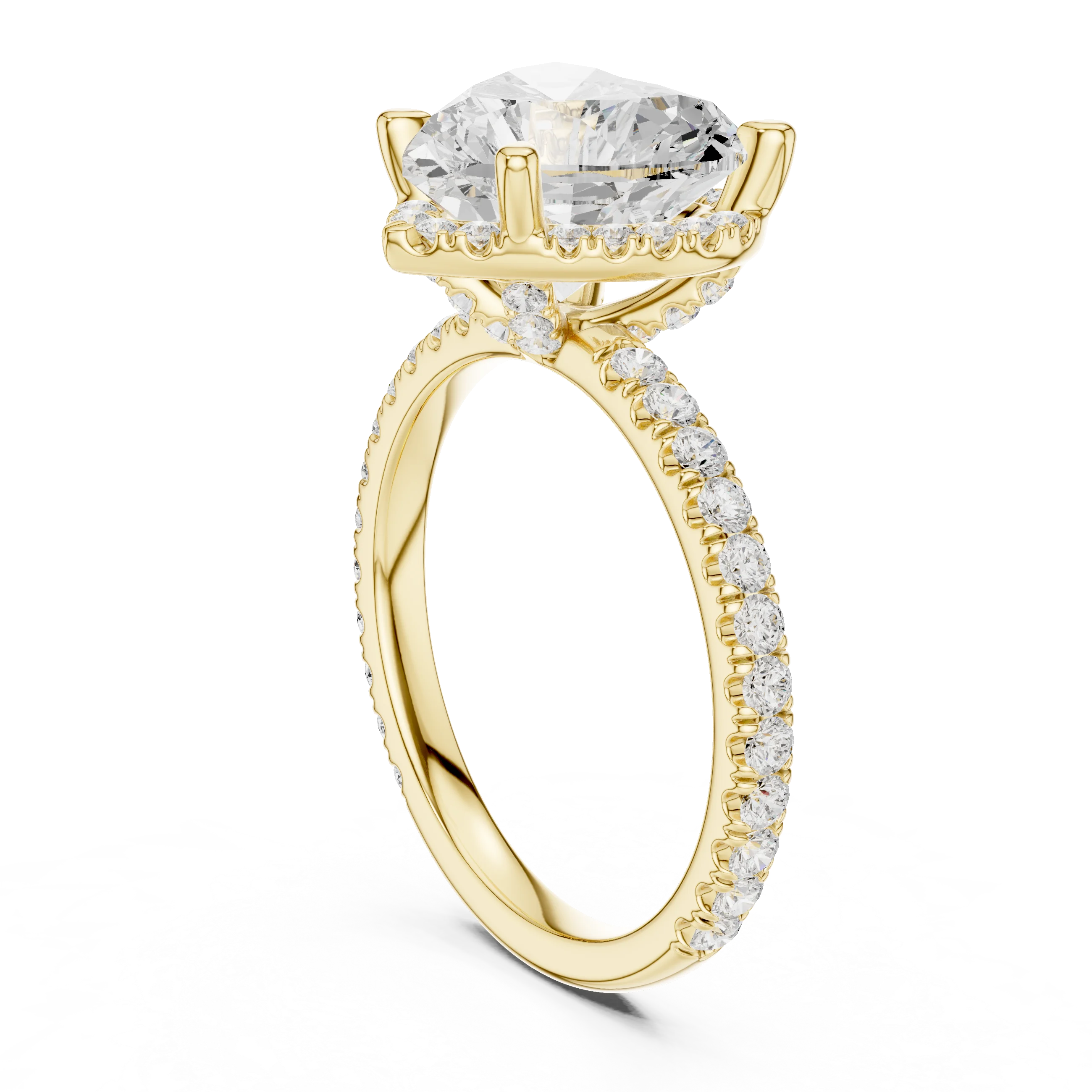 Back side view of yellow gold heart cut solitaire ring showing hidden halo and thin pavé band details