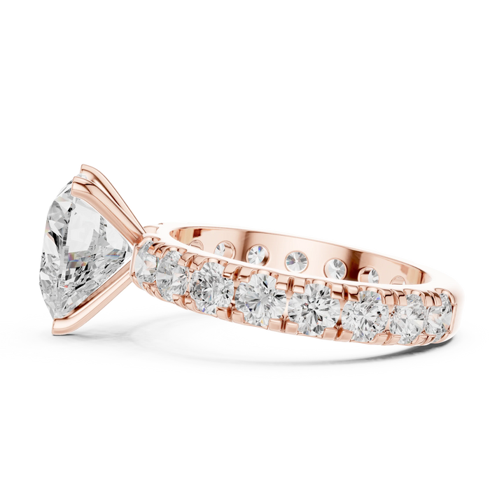 Side view of rose gold heart solitaire ring with pave band and lab-grown diamond – Australia