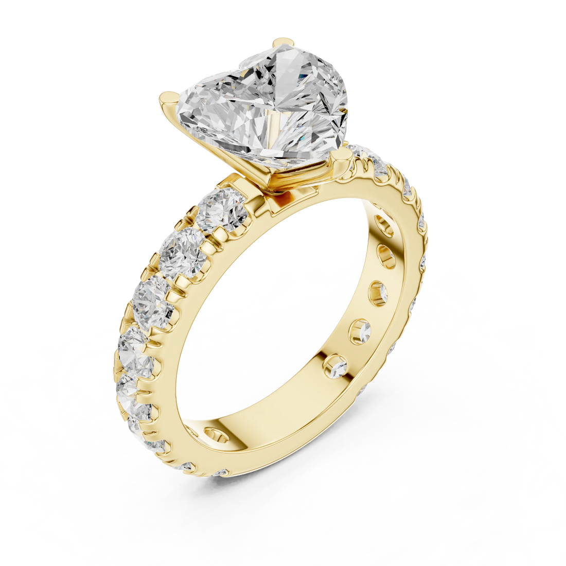 Front view of yellow gold heart solitaire ring with pave band and lab-grown diamond – Australia