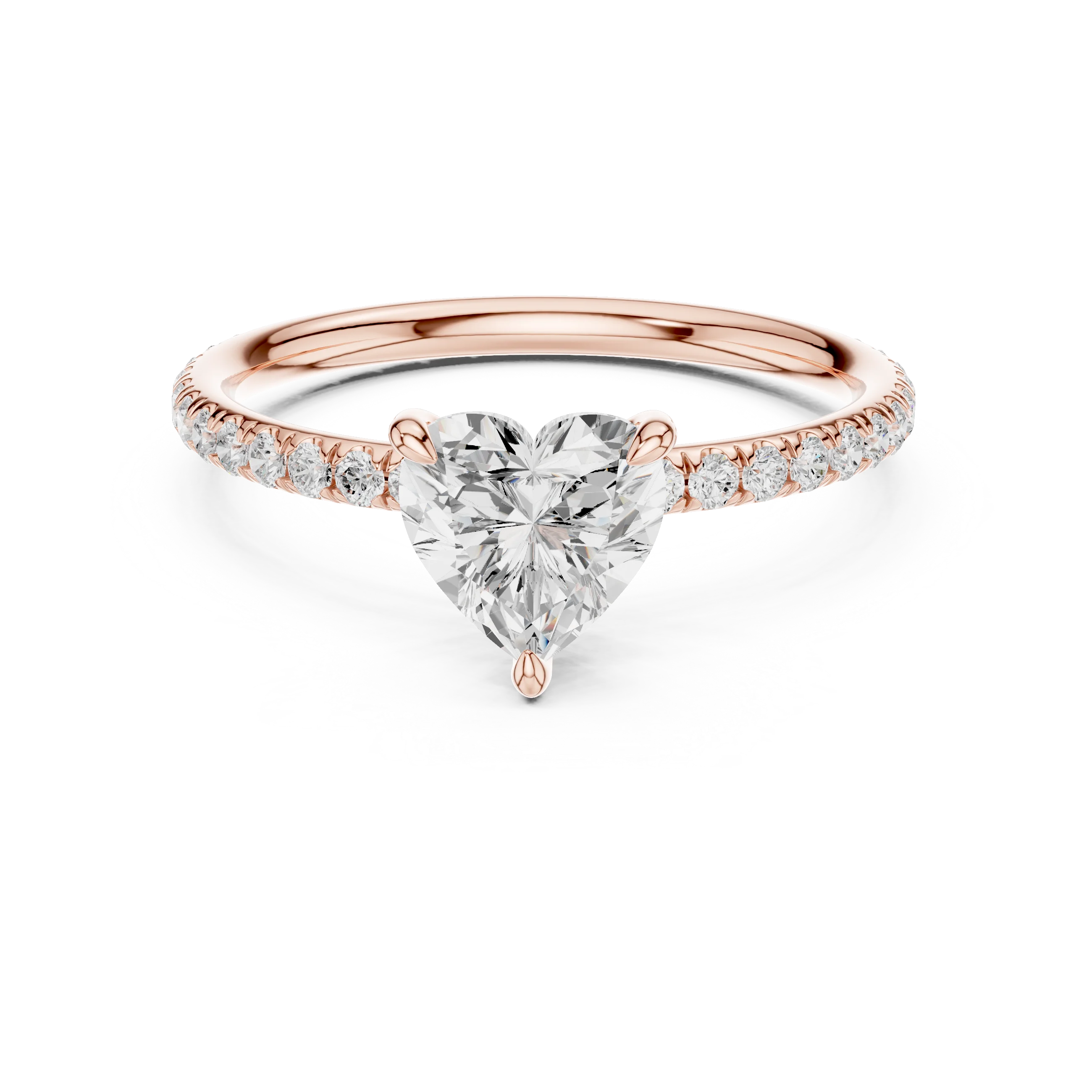 Lab-grown heart shape solitaire ring in rose gold with thin pavé diamond band