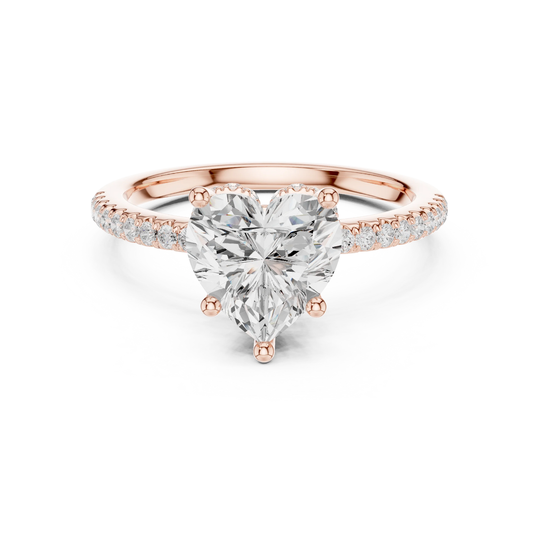 Rose gold heart cut solitaire ring with thin pave band and lab-grown diamond, modern romantic look