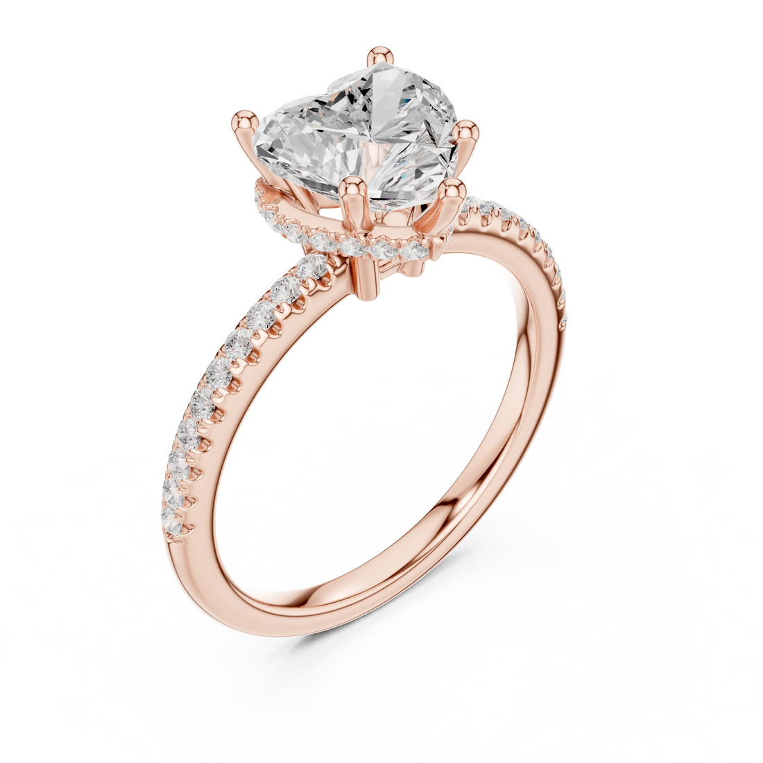 Front view of rose gold heart cut solitaire ring with thin pave band and lab-created diamond