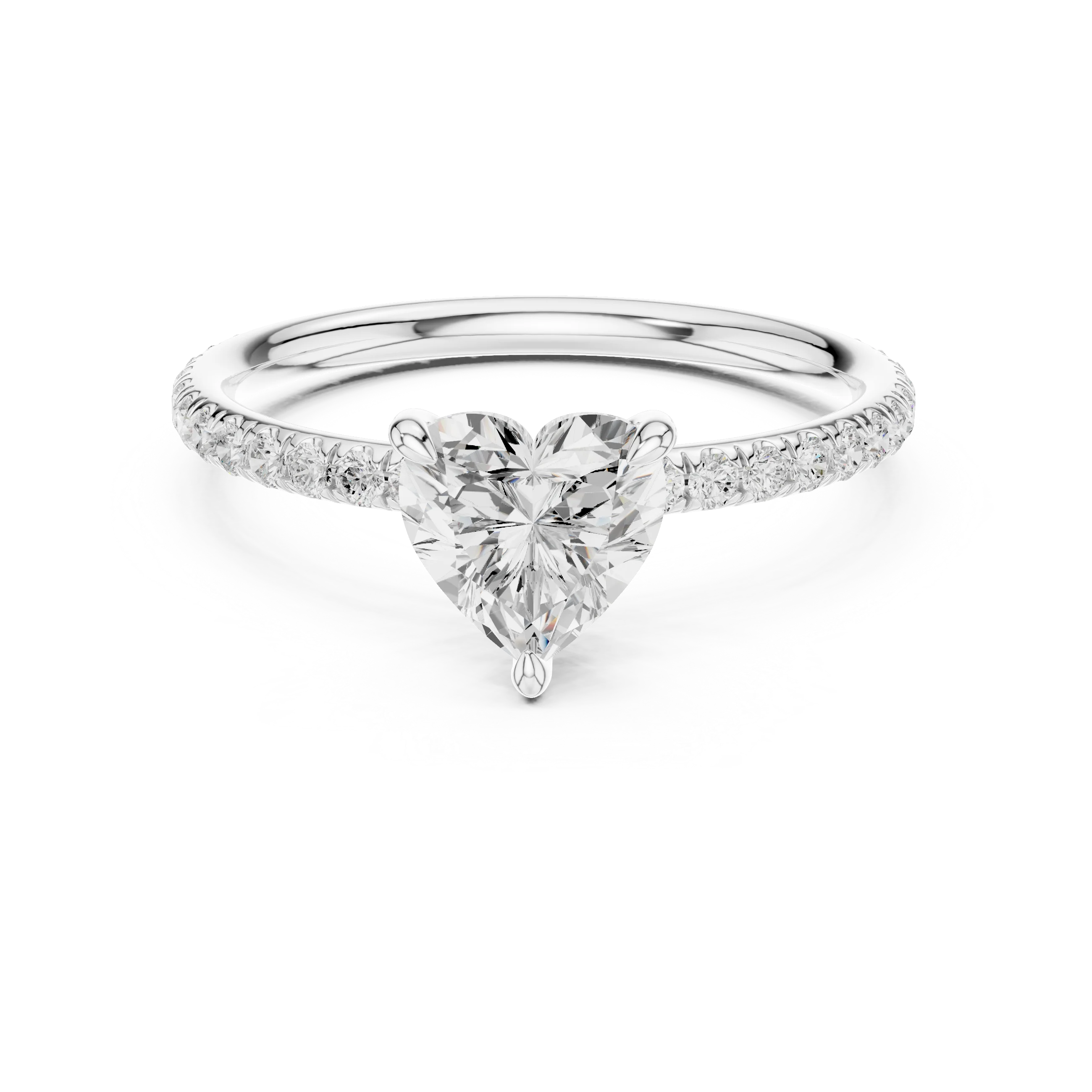 Lab-grown heart shape solitaire ring in white gold with thin pavé diamond band