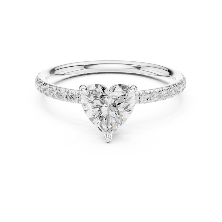 Lab-grown heart shape solitaire ring in white gold with thin pavé diamond band