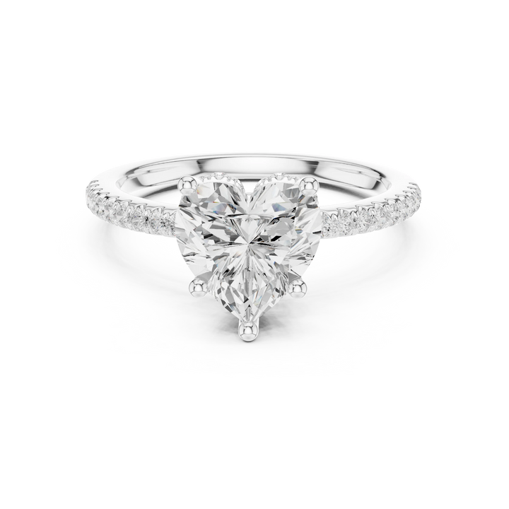 White gold heart cut solitaire ring with thin pave band and lab-grown diamond, delicate romantic design